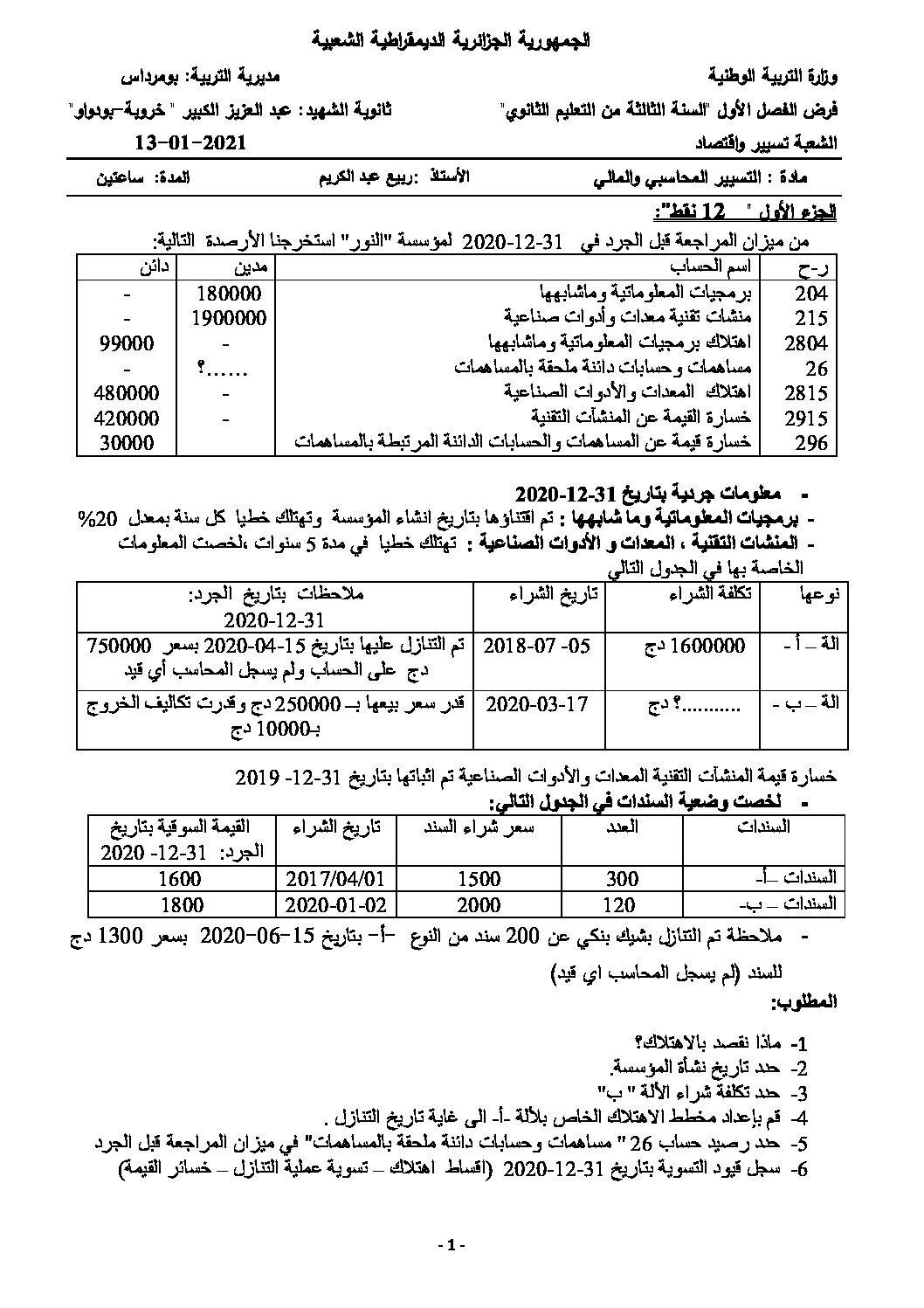 فرض في التسيير المحاسبي الفصل الأول السنة الثالثة ثانوي رقم 31