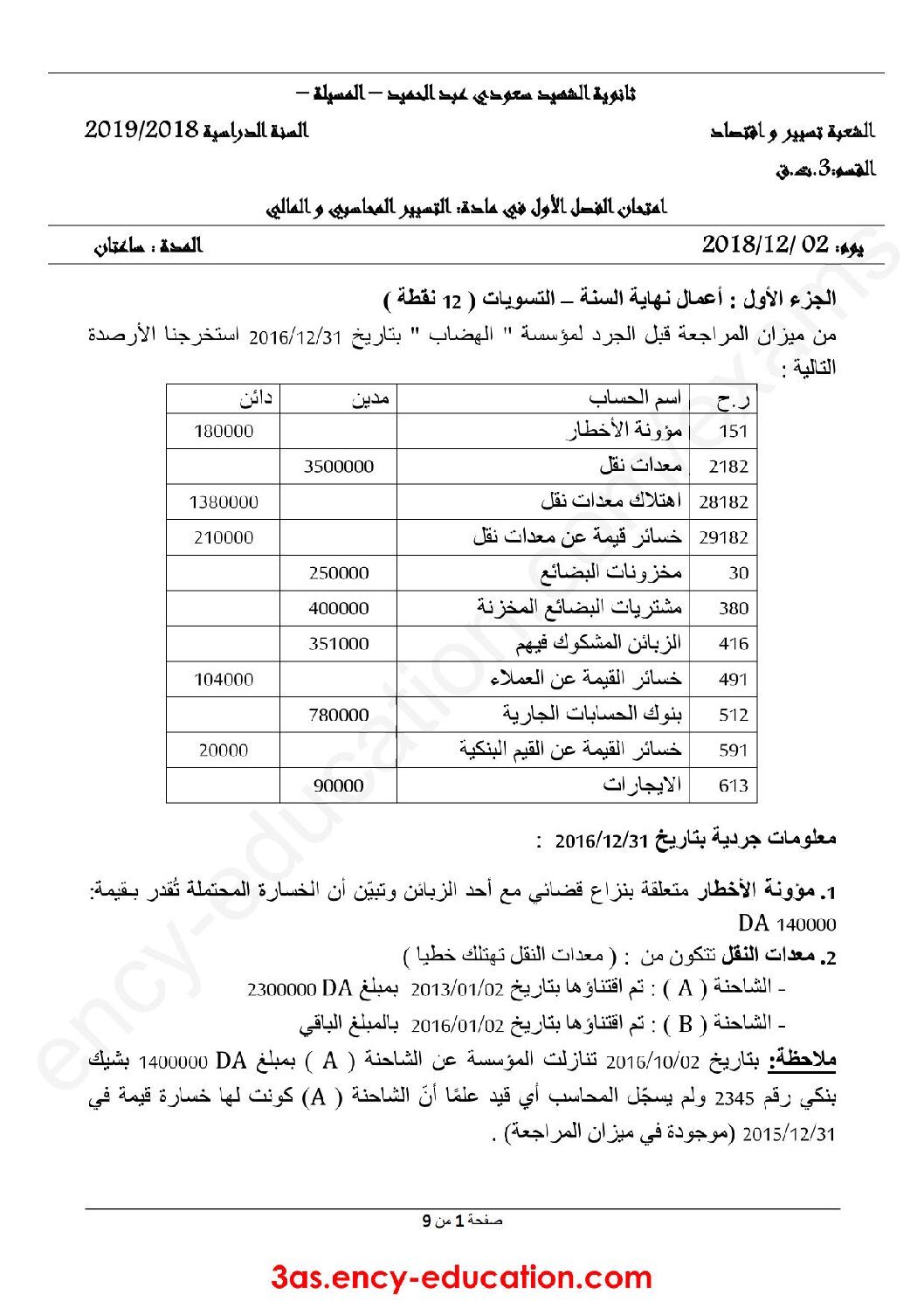 اختبار في التسيير المحاسبي الفصل الأول السنة الثالثة ثانوي رقم 32 مع التصحيح