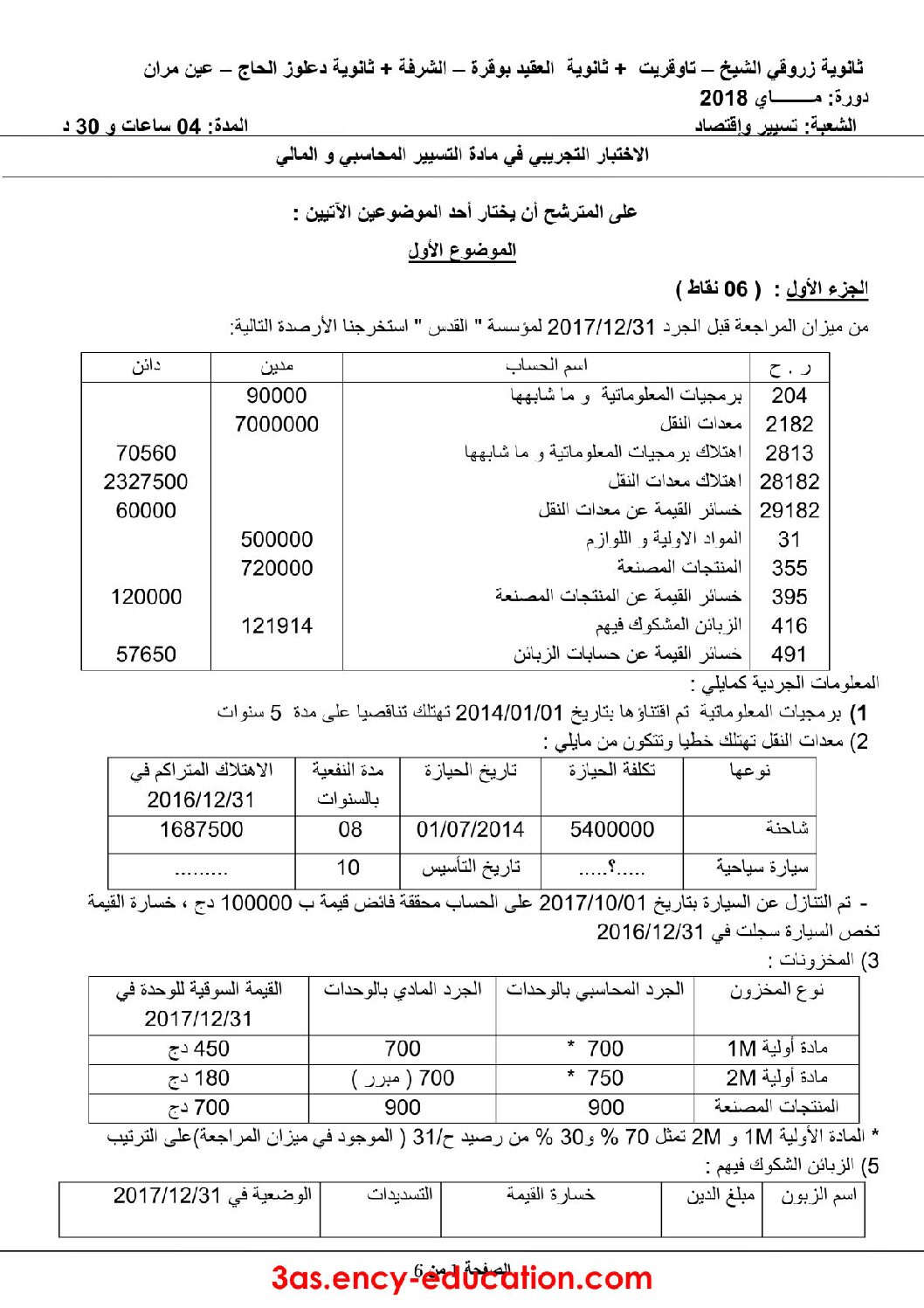 اختبار في التسيير المحاسبي الفصل الثالث السنة الثالثة ثانوي رقم 33