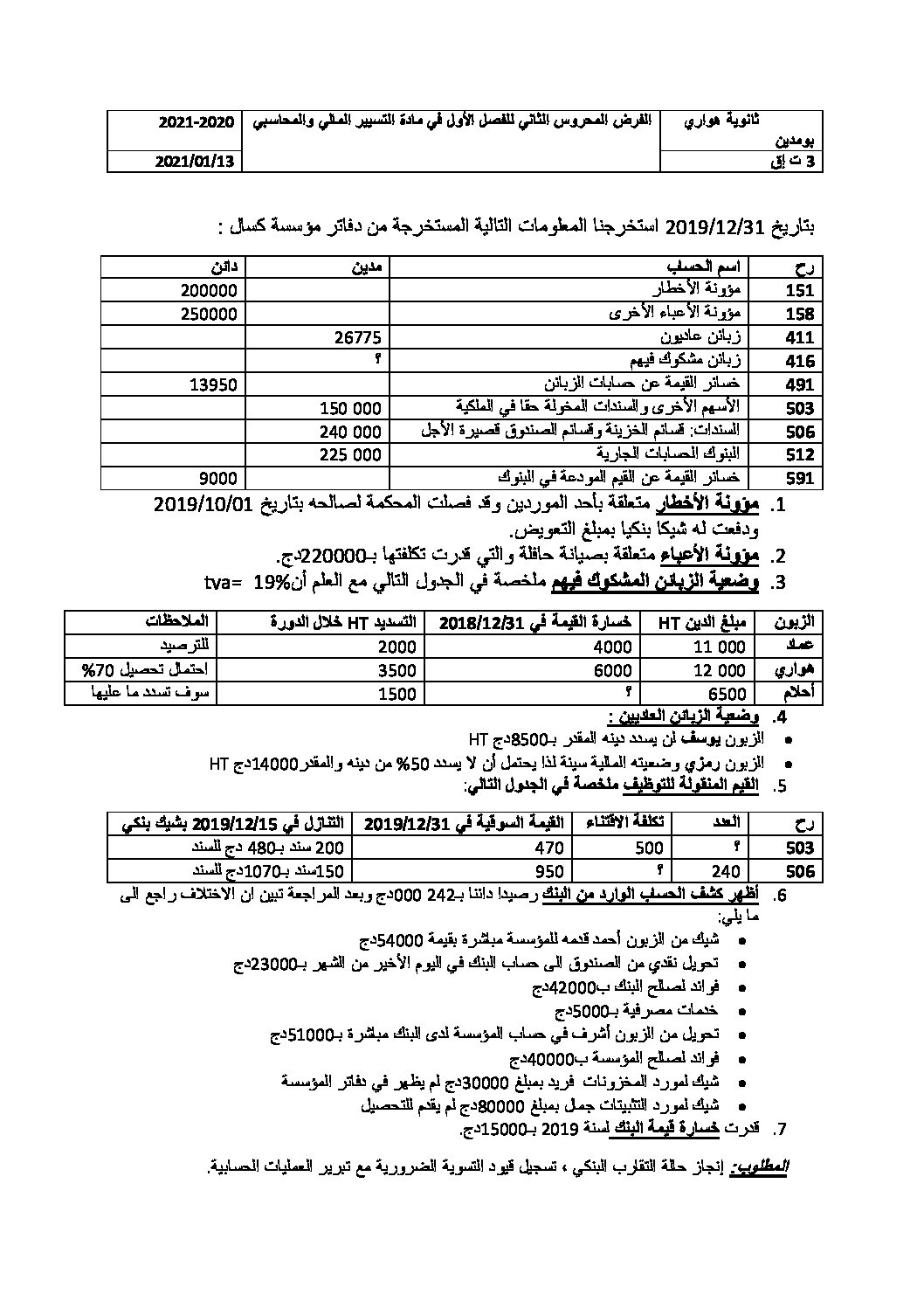 فرض في التسيير المحاسبي الفصل الأول السنة الثالثة ثانوي رقم 33