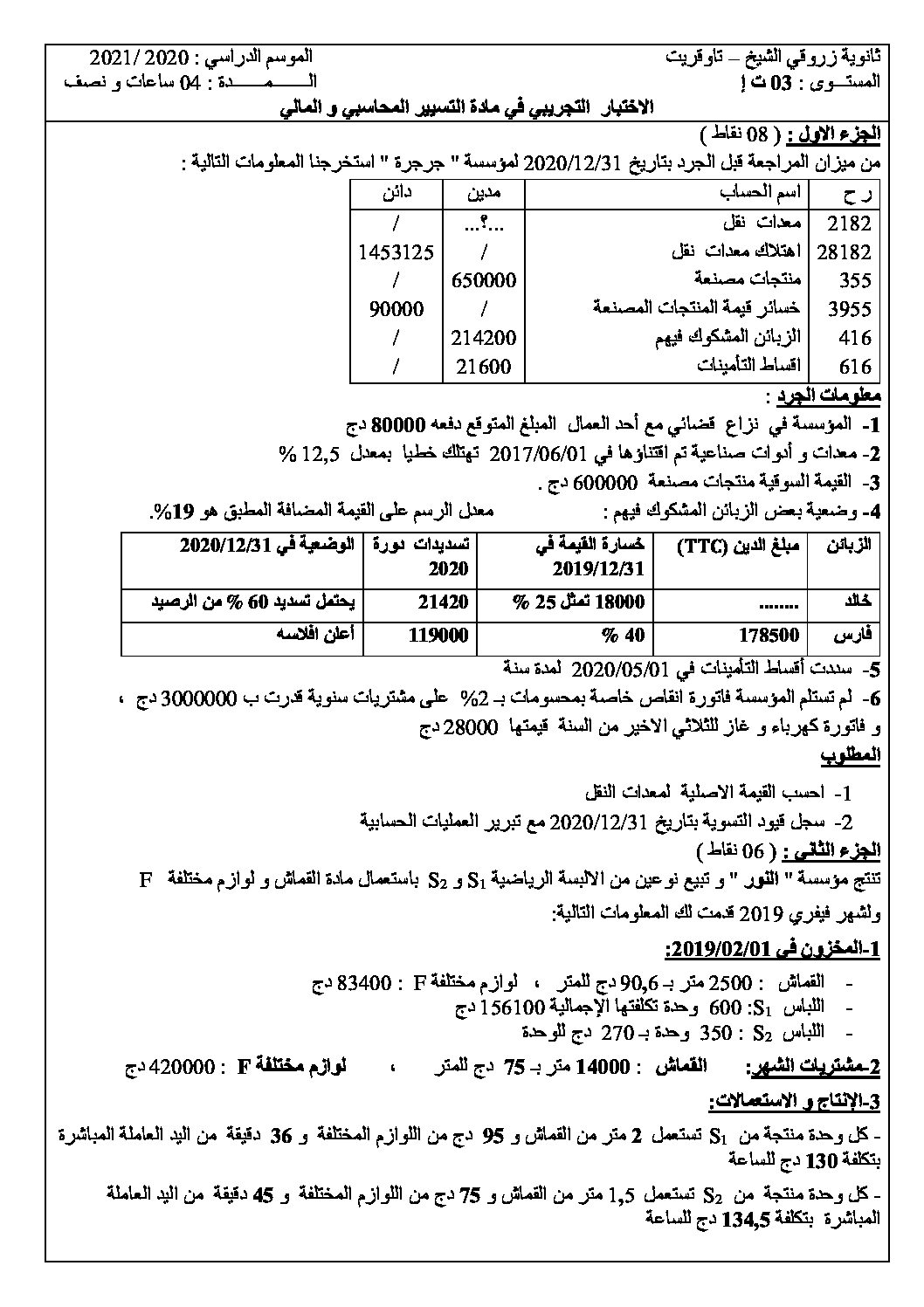 اختبار في التسيير المحاسبي الفصل الثاني السنة الثالثة ثانوي رقم 35