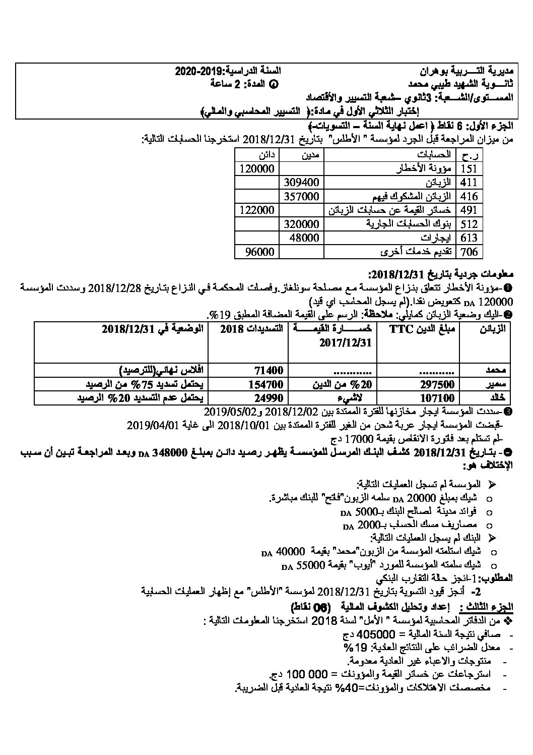 اختبار في التسيير المحاسبي الفصل الأول السنة الثالثة ثانوي رقم 36
