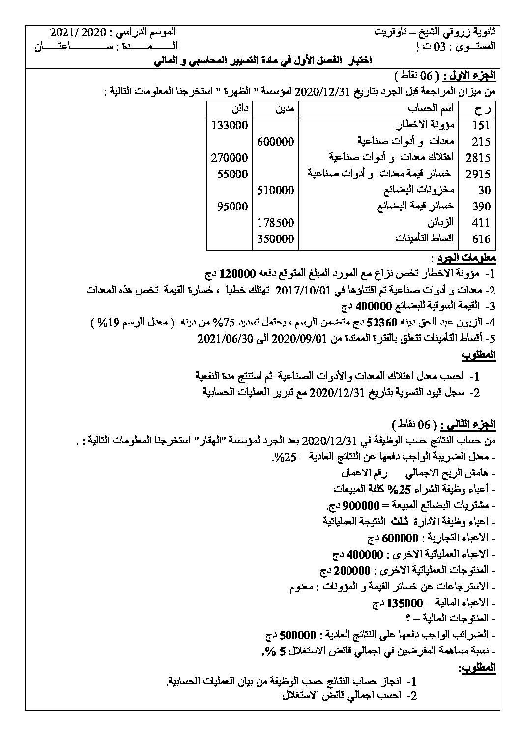 اختبار في التسيير المحاسبي الفصل الأول السنة الثالثة ثانوي رقم 37