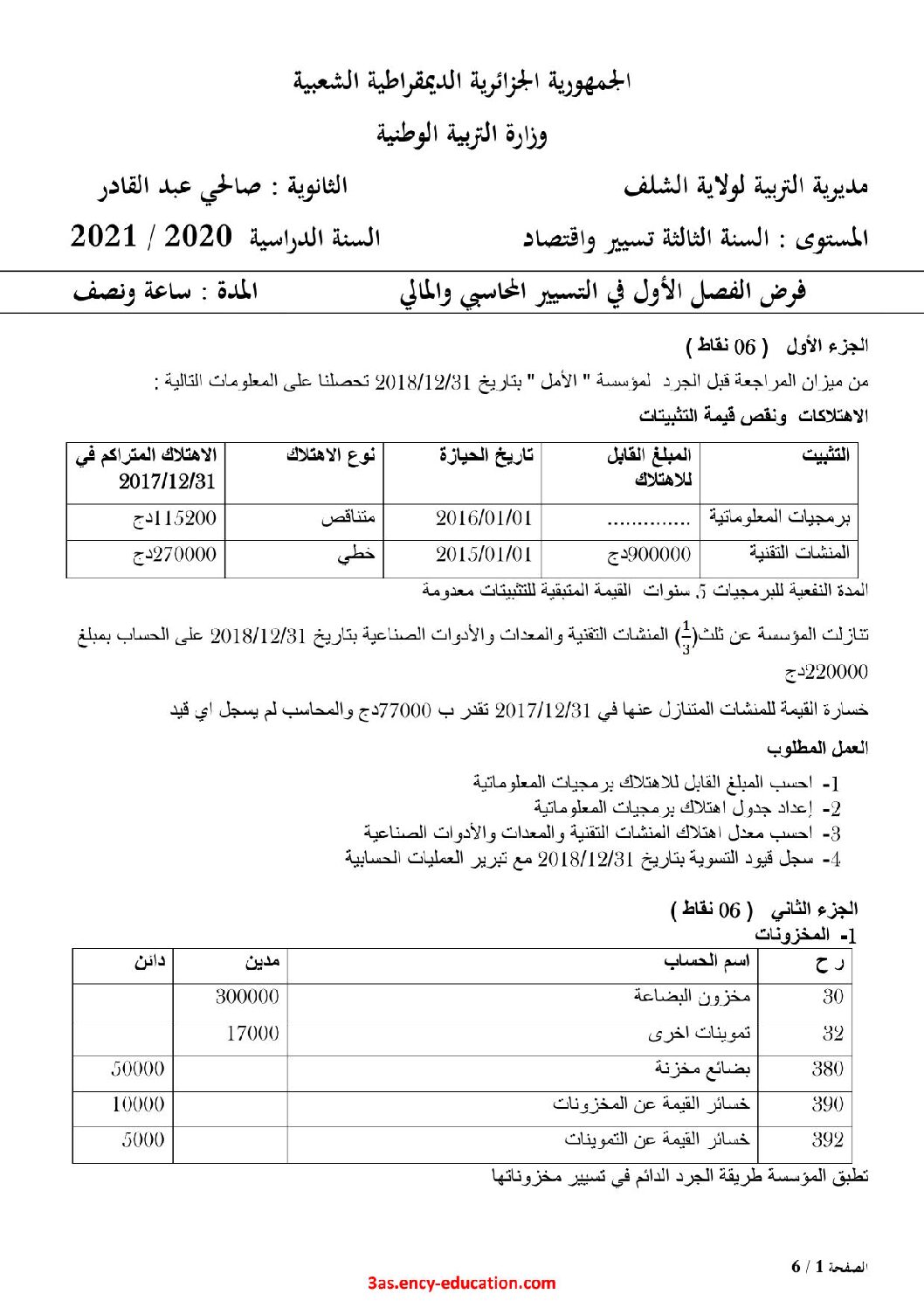 فرض في التسيير المحاسبي الفصل الأول السنة الثالثة ثانوي رقم 37 مع التصحيح