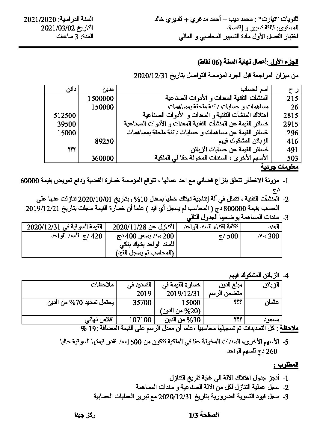 اختبار في التسيير المحاسبي الفصل الأول السنة الثالثة ثانوي رقم 38
