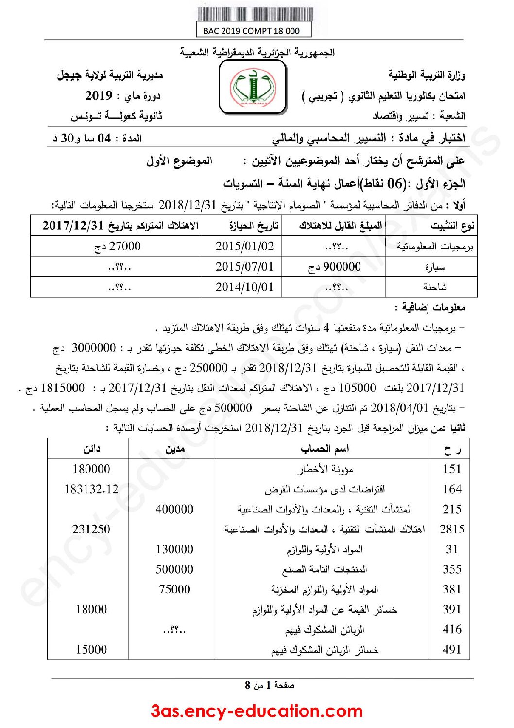 اختبار في التسيير المحاسبي الفصل الثالث السنة الثالثة ثانوي رقم 39