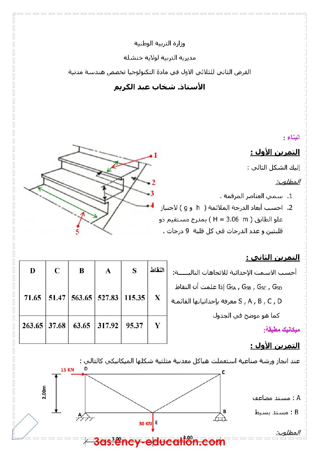 فرض في الهندسة المدنية الفصل الأول السنة الثالثة ثانوي رقم 4 مع التصحيح