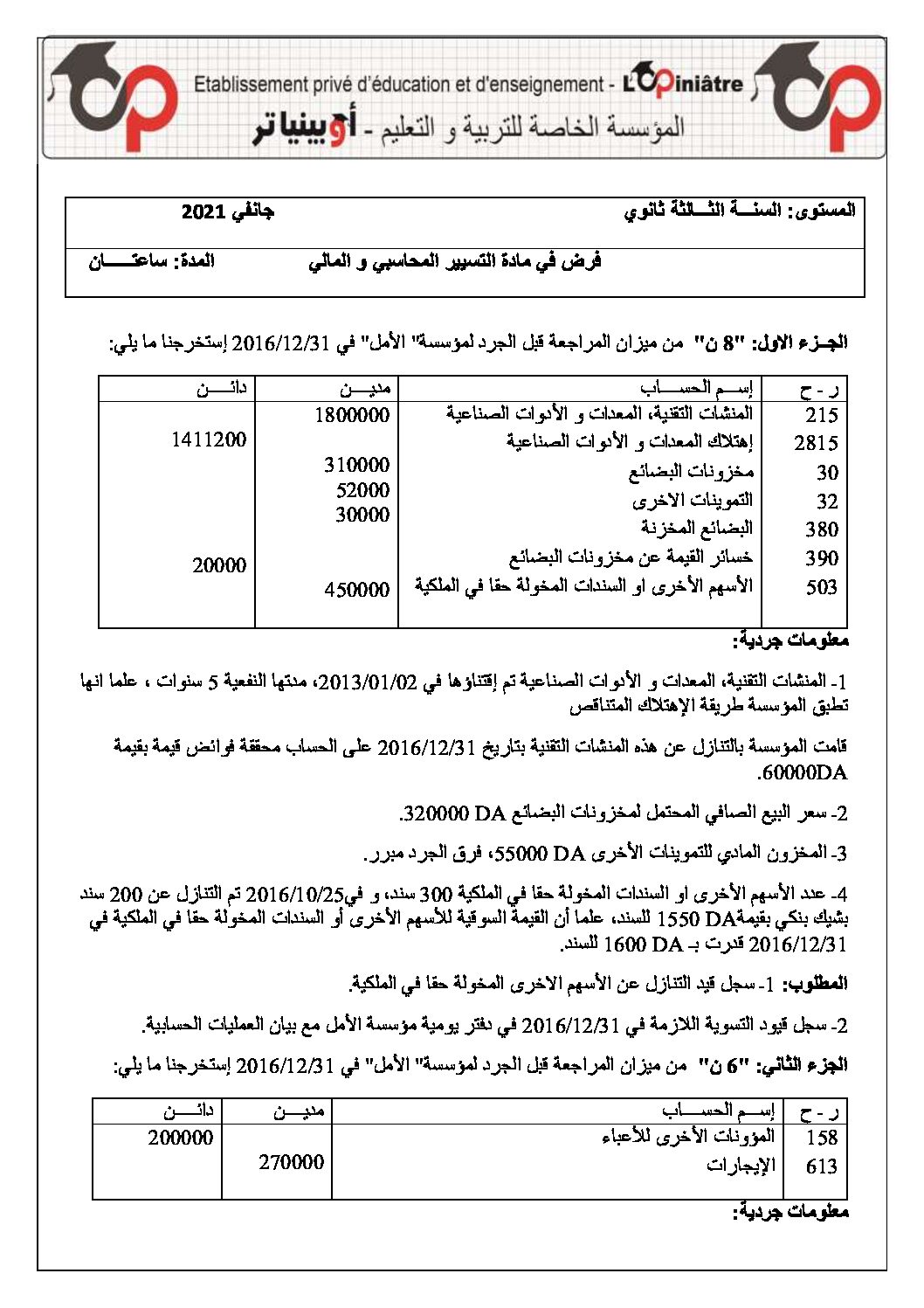 فرض في التسيير المحاسبي الفصل الأول السنة الثالثة ثانوي رقم 40