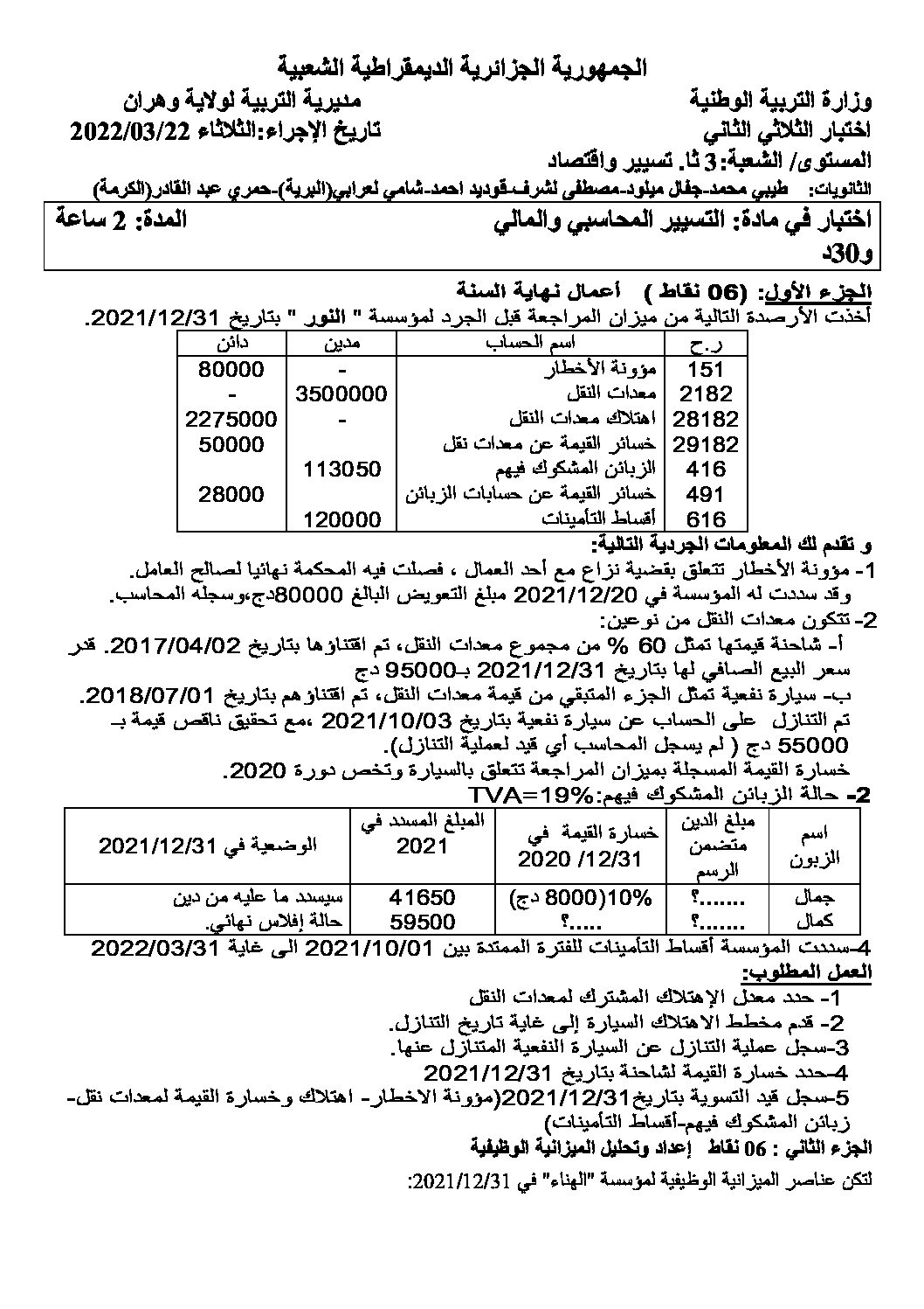 اختبار في التسيير المحاسبي الفصل الثاني السنة الثالثة ثانوي رقم 41
