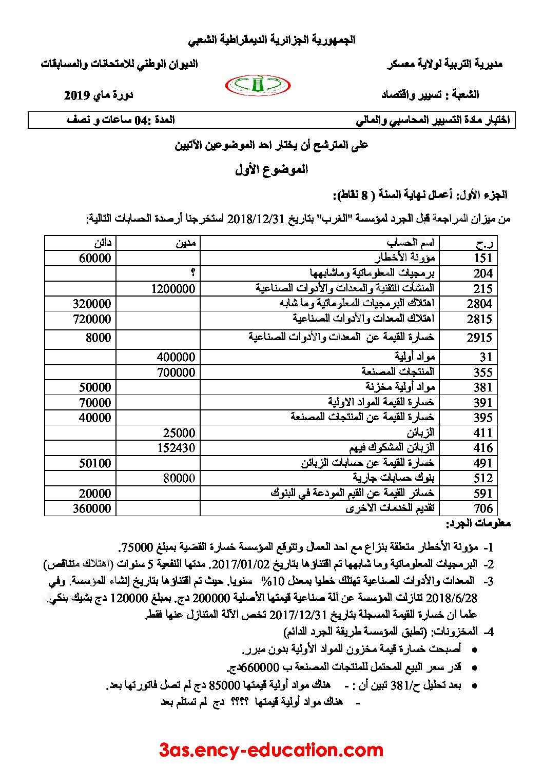 اختبار في التسيير المحاسبي الفصل الثالث السنة الثالثة ثانوي رقم 42