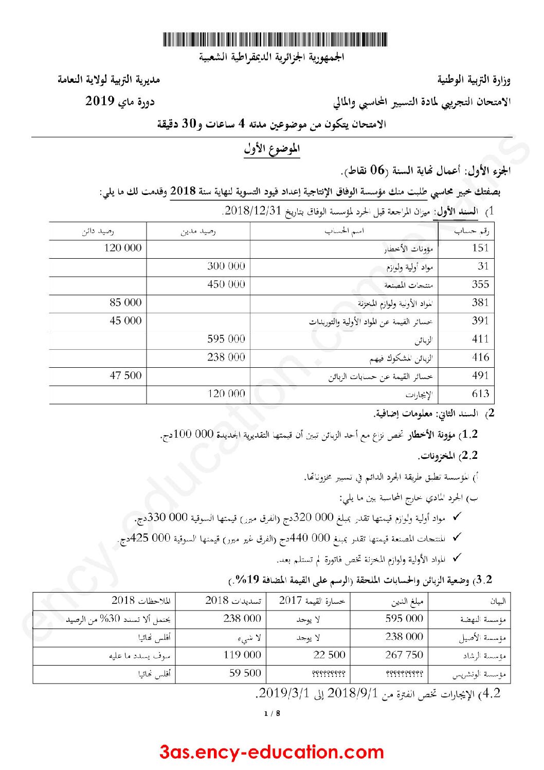 اختبار في التسيير المحاسبي الفصل الثالث السنة الثالثة ثانوي رقم 45