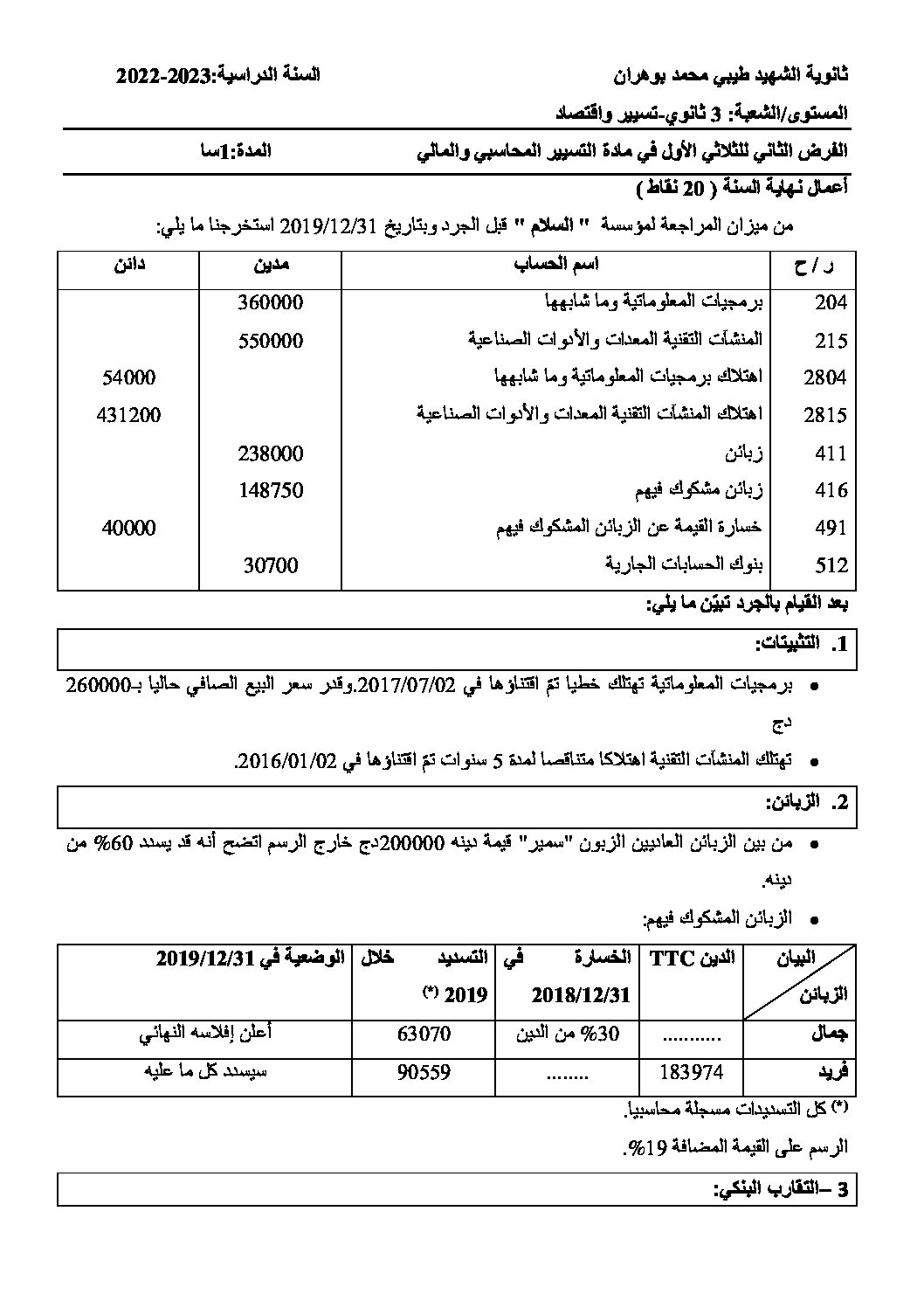 فرض في التسيير المحاسبي الفصل الأول السنة الثالثة ثانوي رقم 45