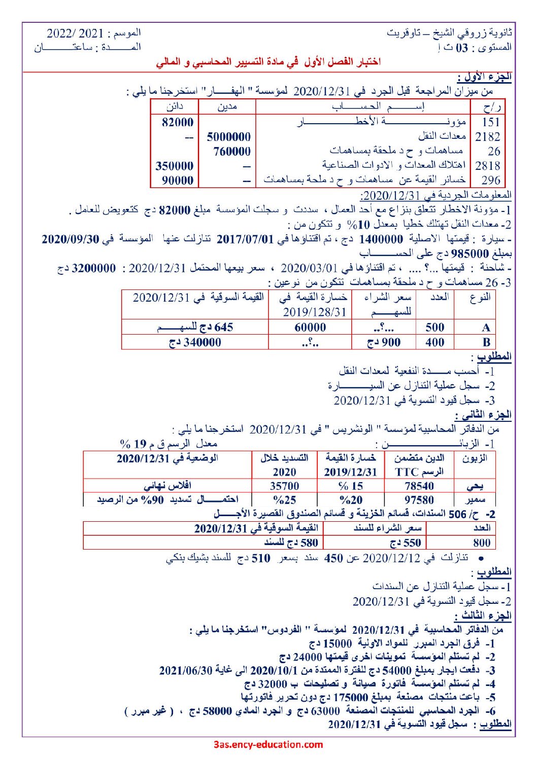 اختبار في التسيير المحاسبي الفصل الأول السنة الثالثة ثانوي رقم 49
