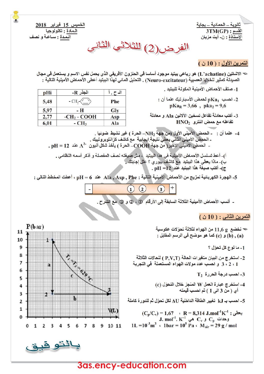 فرض في هندسة الطرائق الفصل الثاني السنة الثالثة ثانوي رقم 5 مع التصحيح