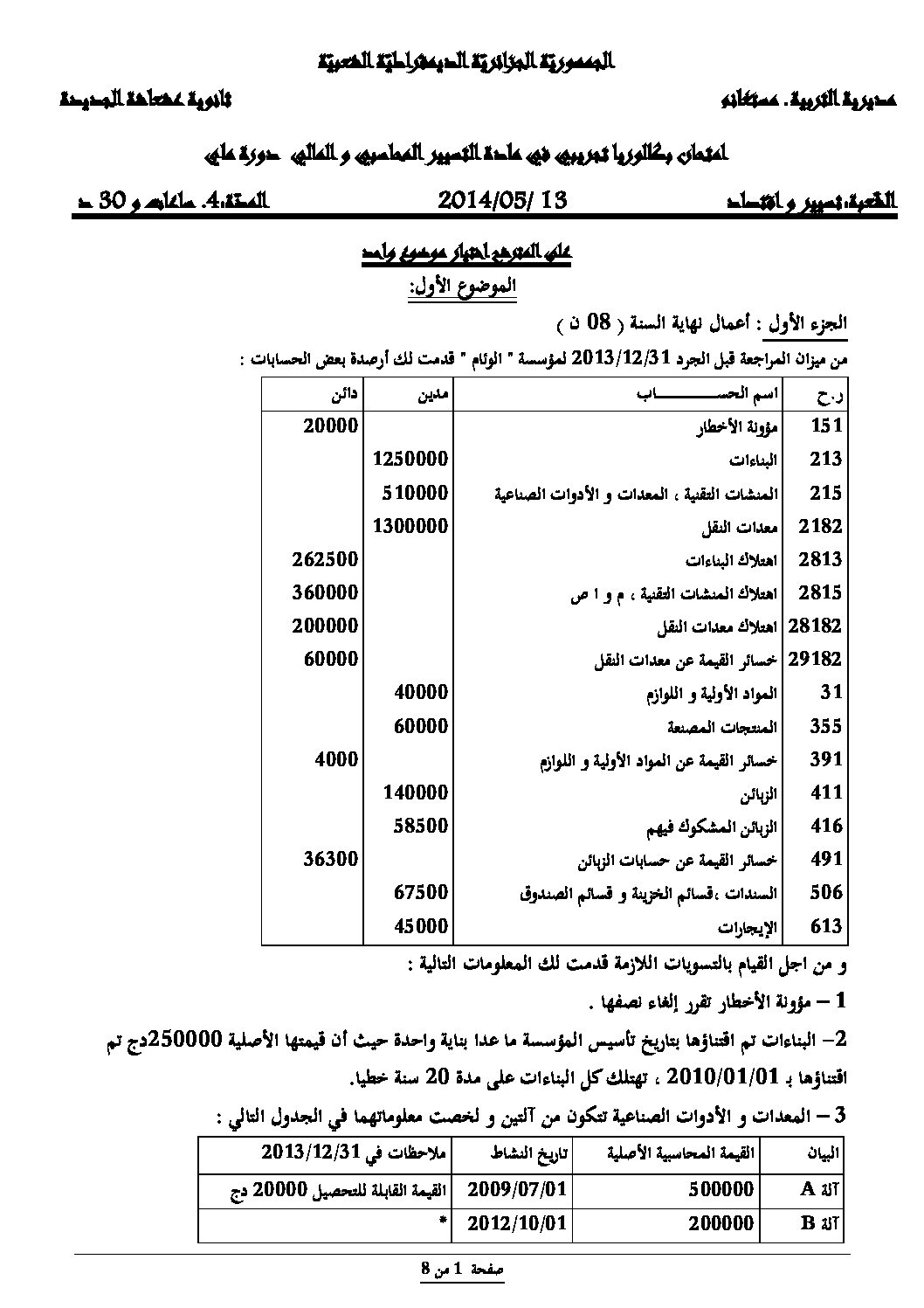 اختبار في التسيير المحاسبي الفصل الثالث السنة الثالثة ثانوي رقم 6