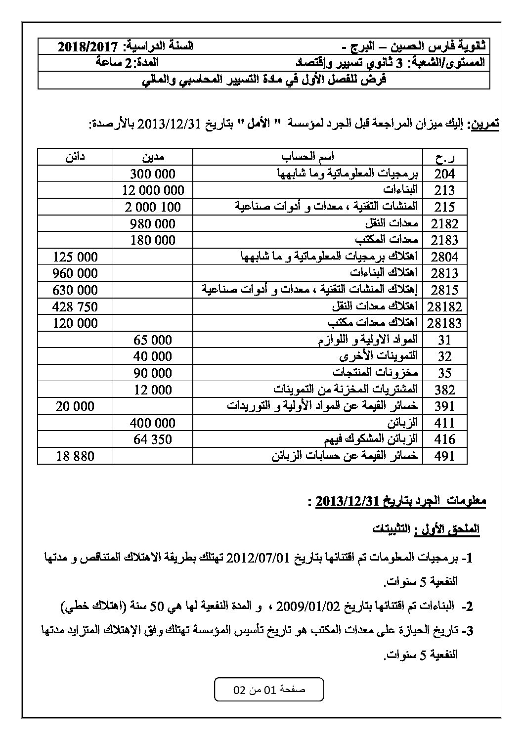 فرض في التسيير المحاسبي الفصل الأول السنة الثالثة ثانوي رقم 6 مع التصحيح