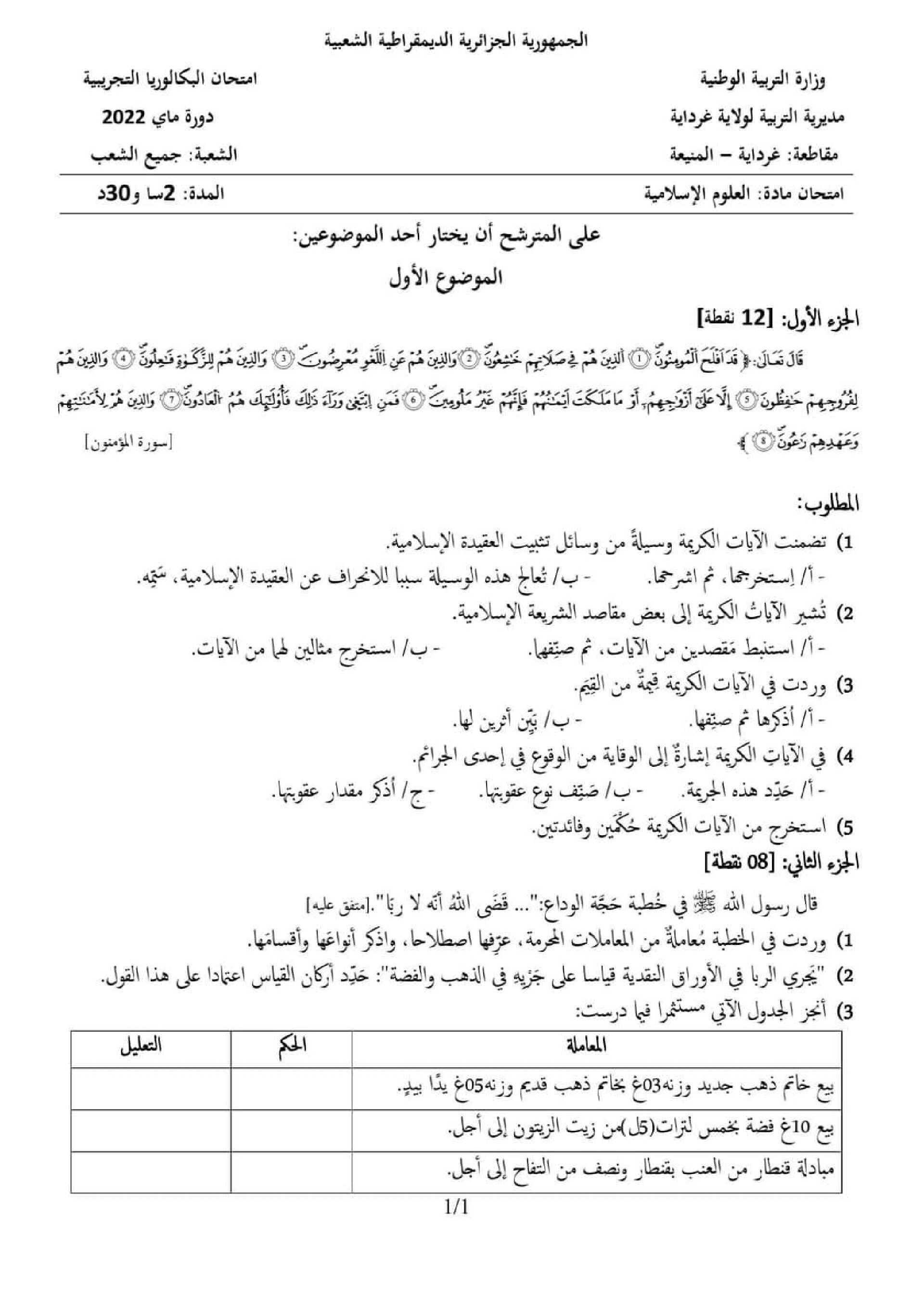 اختبار في العلوم الإسلامية الفصل الثالث السنة الثالثة ثانوي رقم 68 مع التصحيح