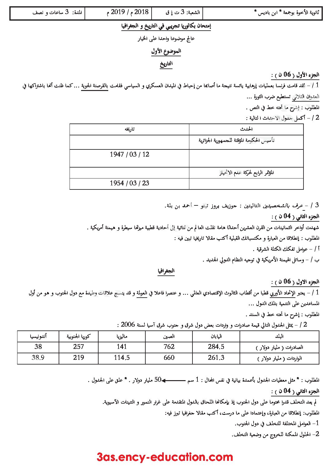 اختبار في التاريخ والجغرافيا الفصل الثالث السنة الثالثة ثانوي تسيير واقتصاد رقم 7