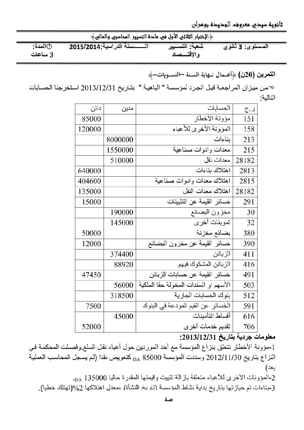 اختبار في التسيير المحاسبي الفصل الأول السنة الثالثة ثانوي رقم 8