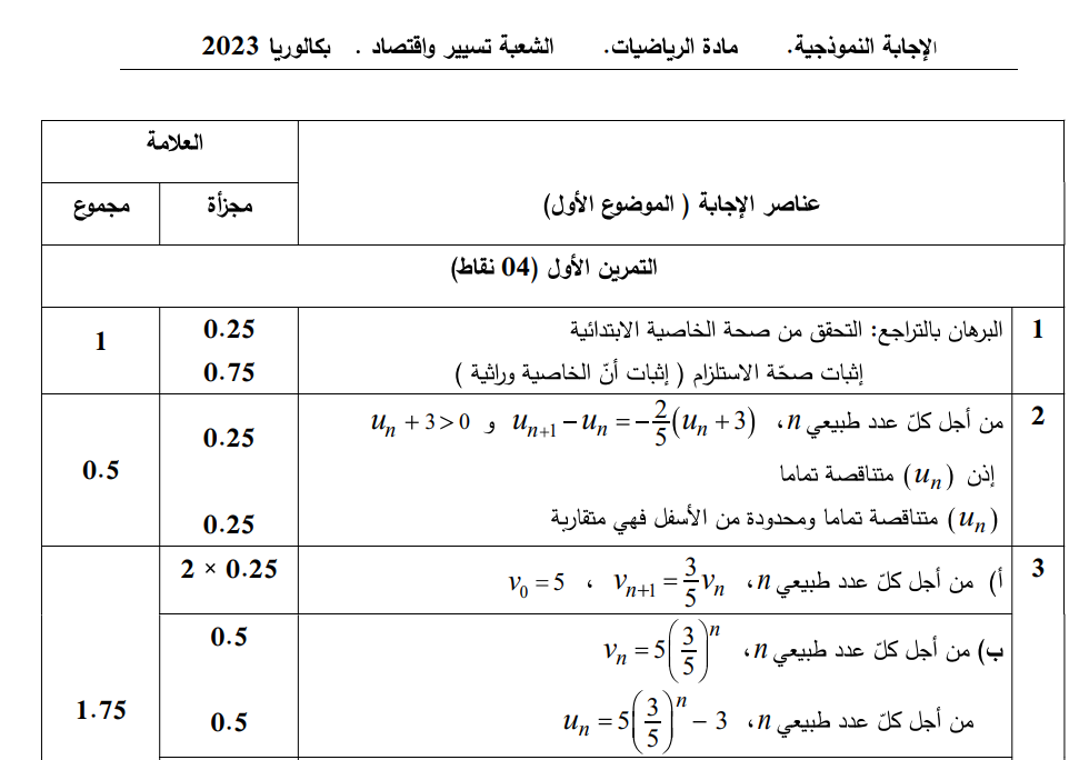 تصحيح موضوع الرياضيات بكالوريا 2023 شعبة تسيير واقتصاد