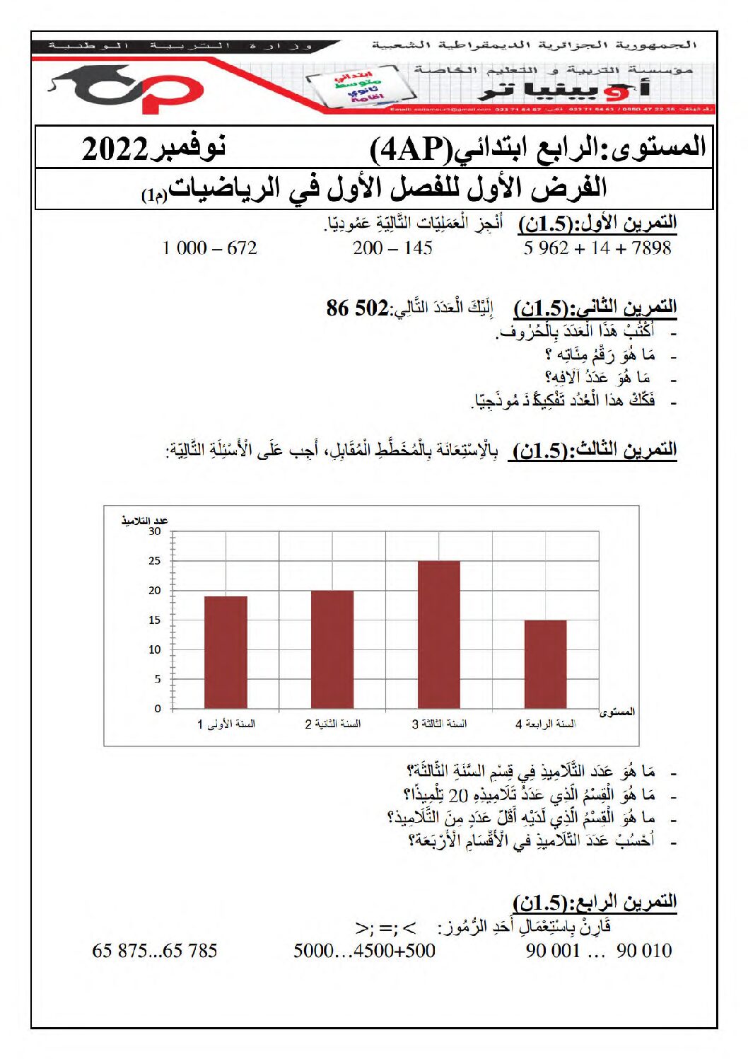 إختبار الفصل الأول في الرياضيات السنة الرابعة ابتدائي رقم 88 مع التصحيح