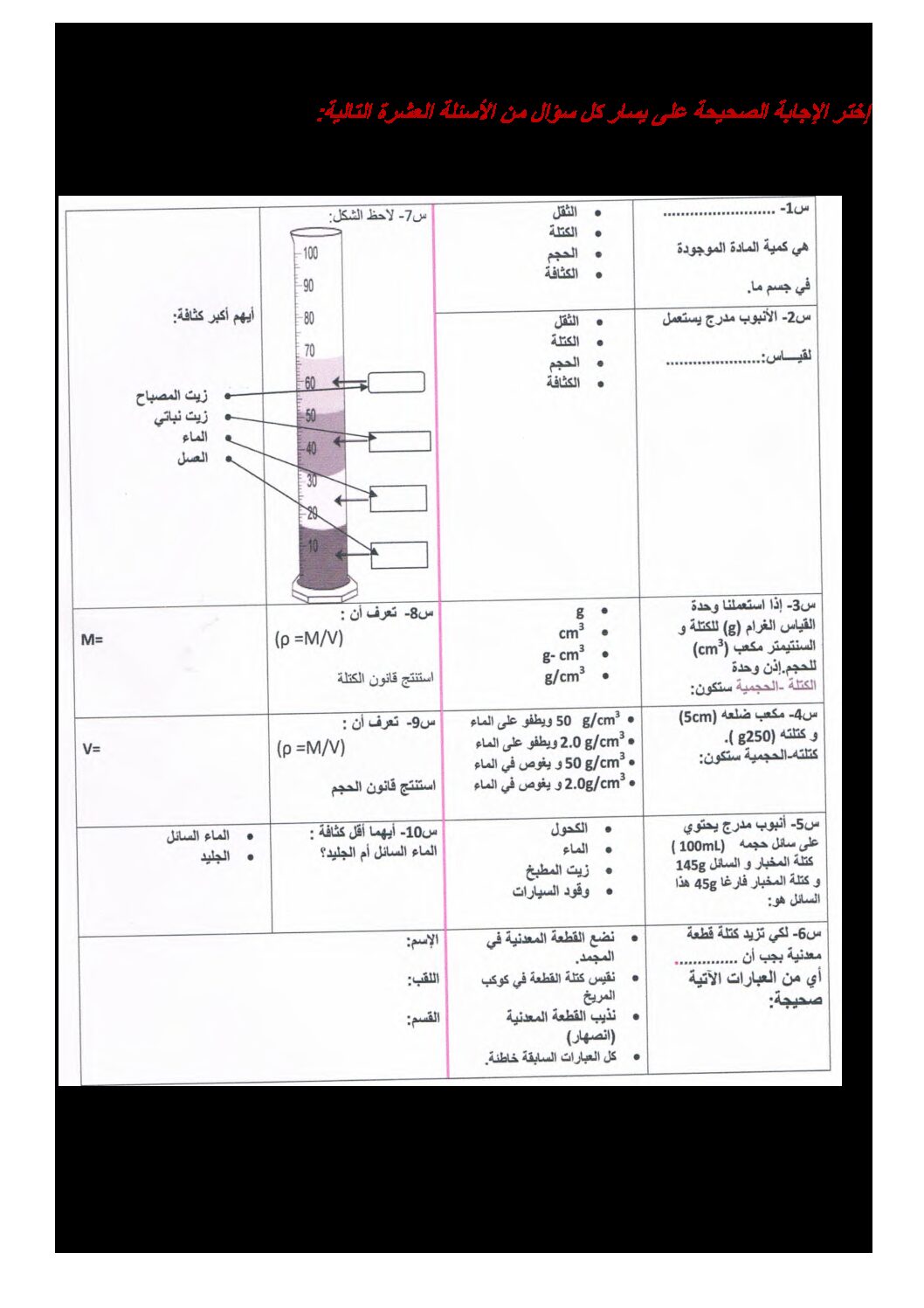 تقويم تشخيصي في العلوم الفيزيائية السنة الأولى متوسط رقم 02