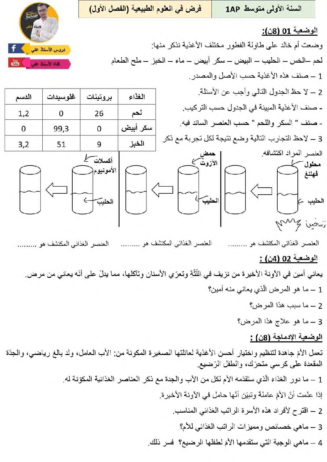 فرض في العلوم الطبيعية الفصل الأول السنة الأولى متوسط رقم 43