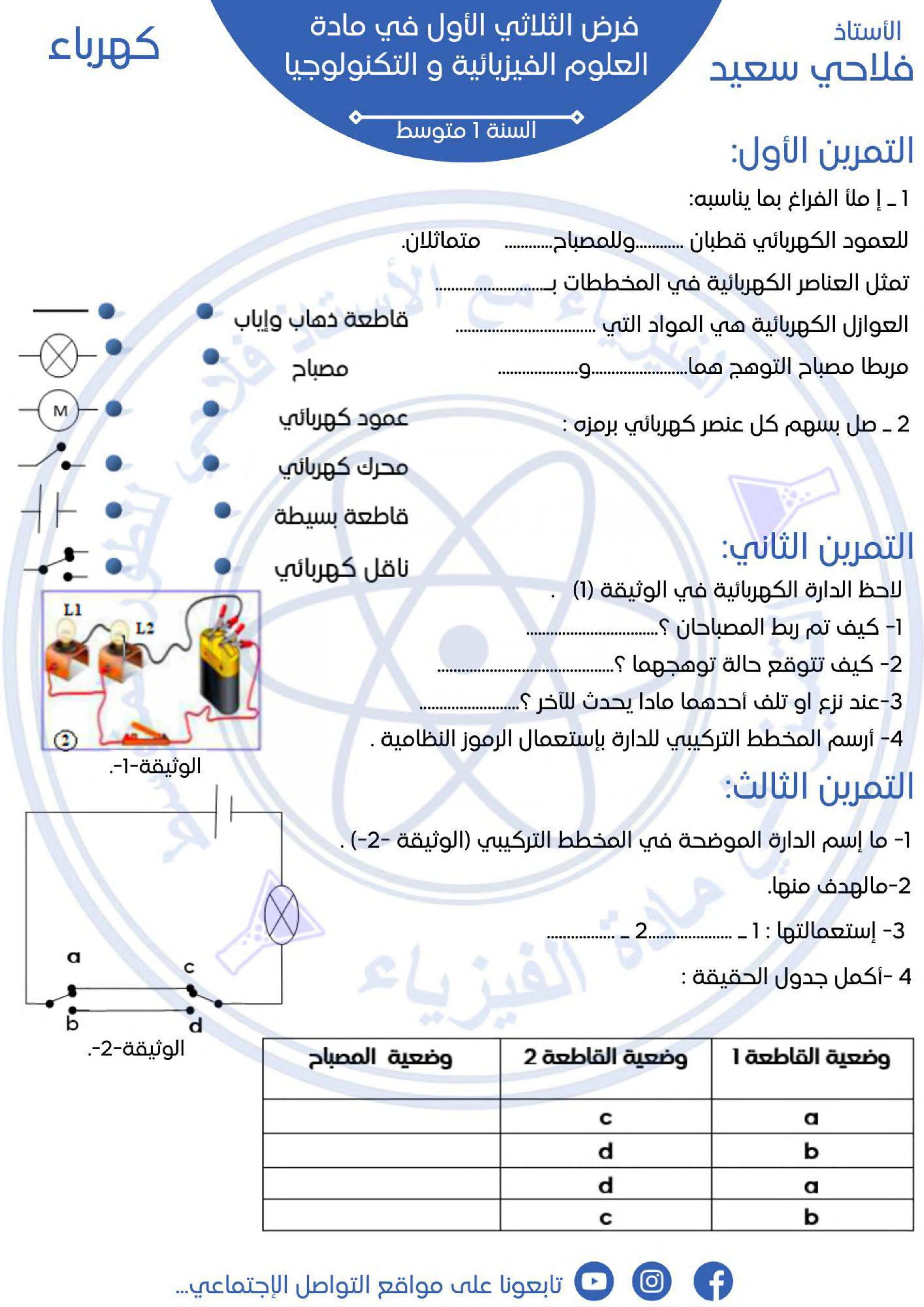 فرض في العلوم الفيزيائية الفصل الأول السنة الأولى متوسط رقم 67