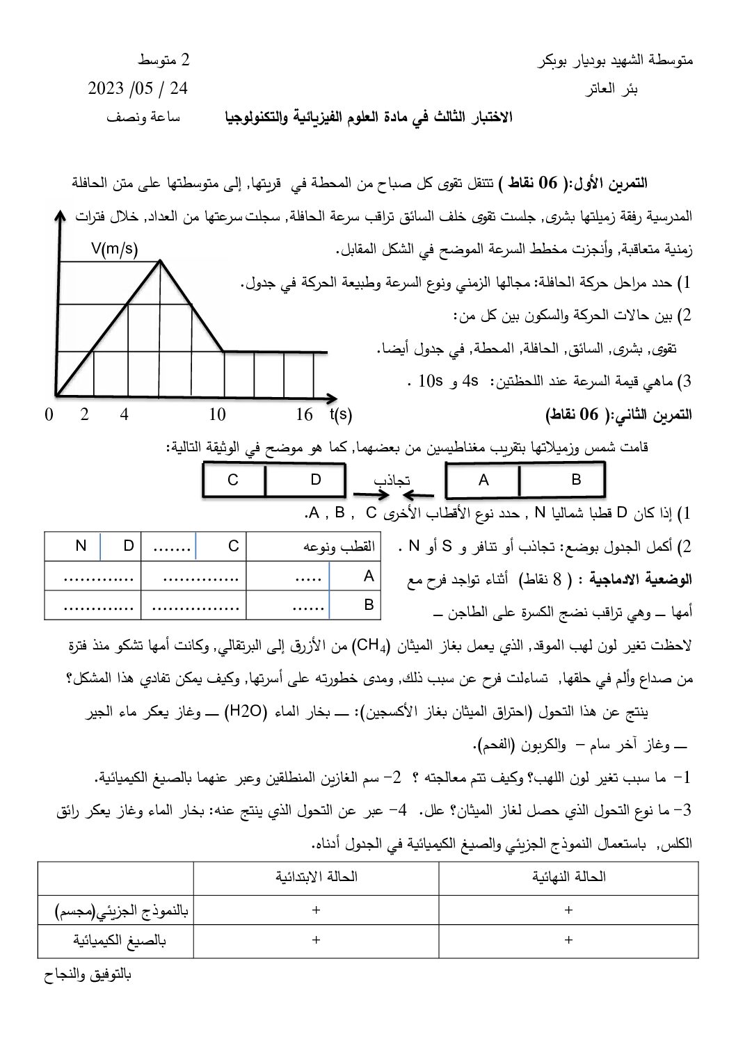 اختبار في العلوم الفيزيائية الفصل الثالث السنة الثانية متوسط رقم 39