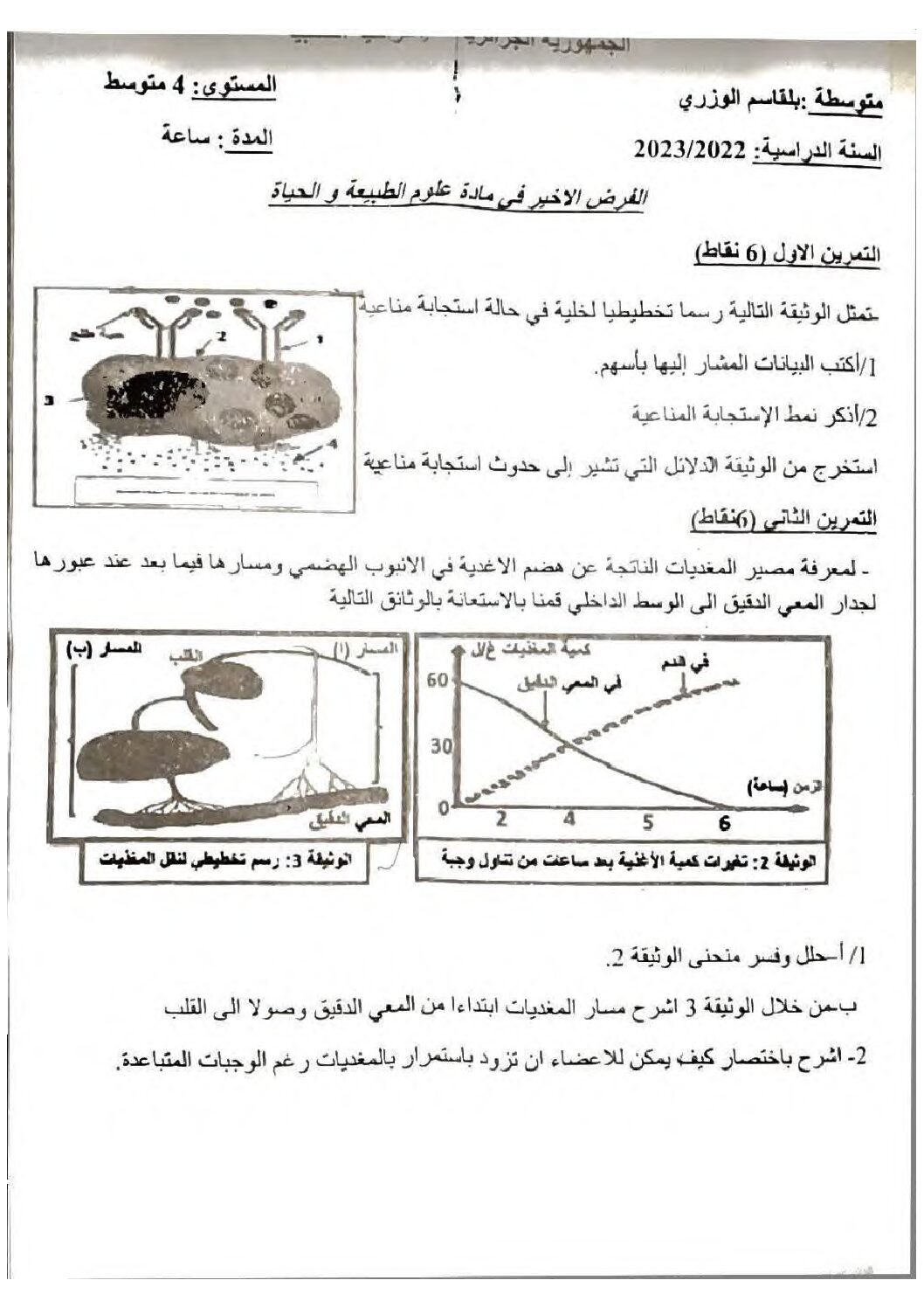 فرض في العلوم الطبيعية الفصل الثالث السنة الرابعة متوسط رقم 20
