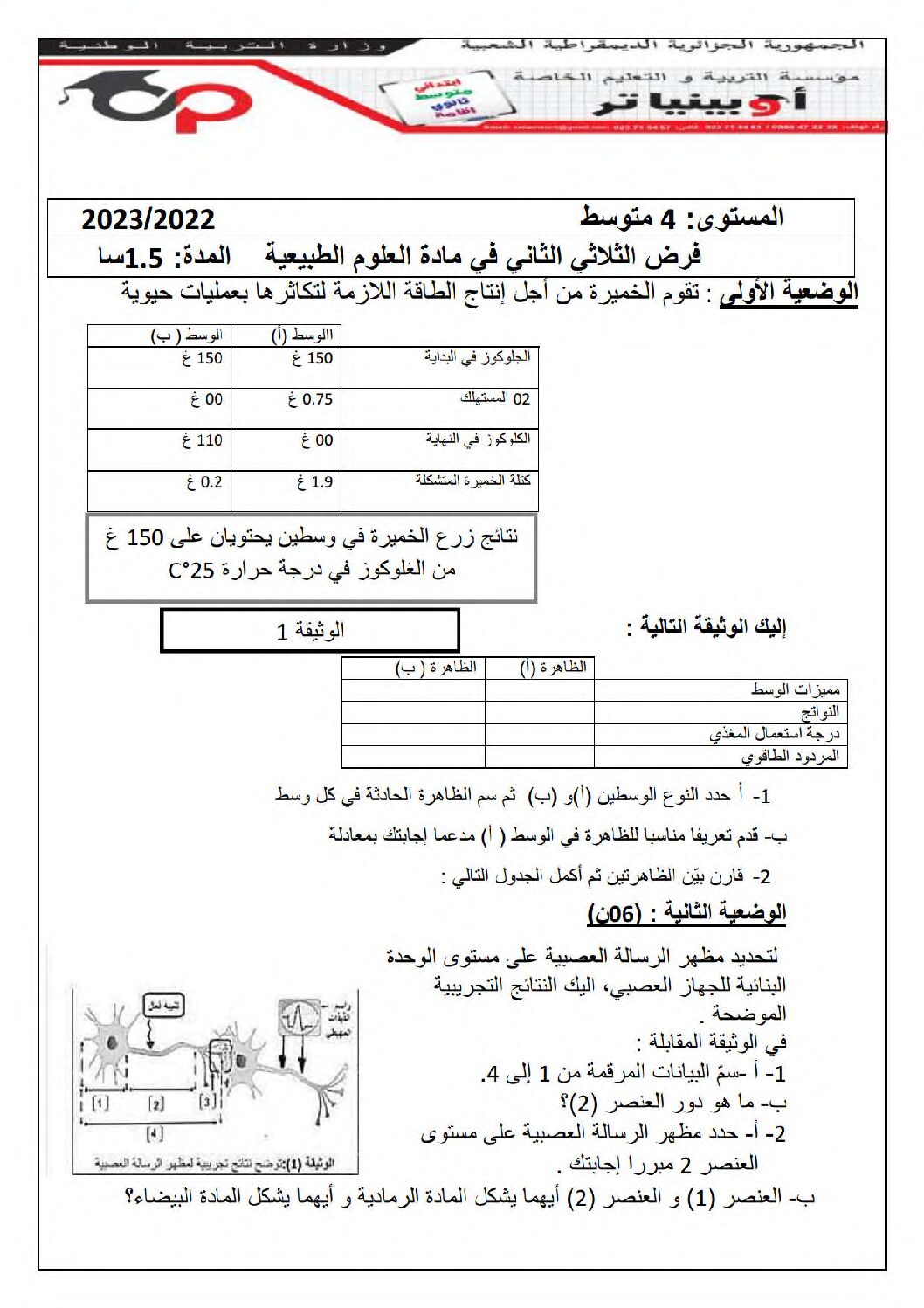 فرض في العلوم الطبيعية الفصل الثاني السنة الرابعة متوسط رقم 34 مع التصحيح