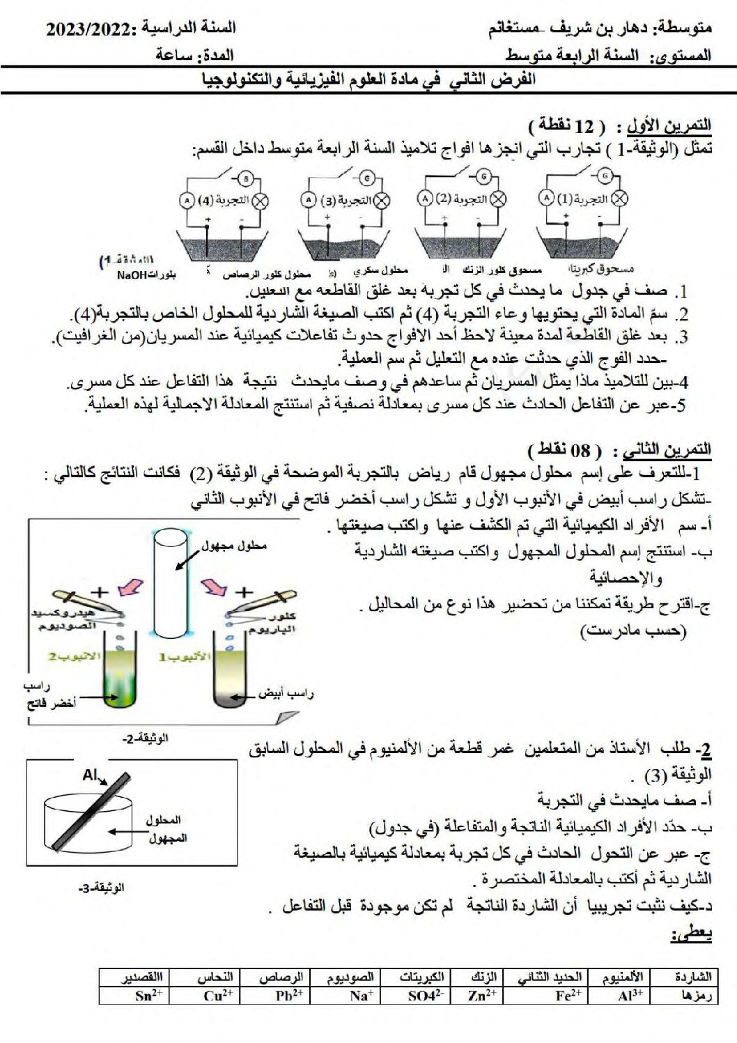 فرض في العلوم الفيزيائية الفصل الثاني السنة الرابعة متوسط رقم 67