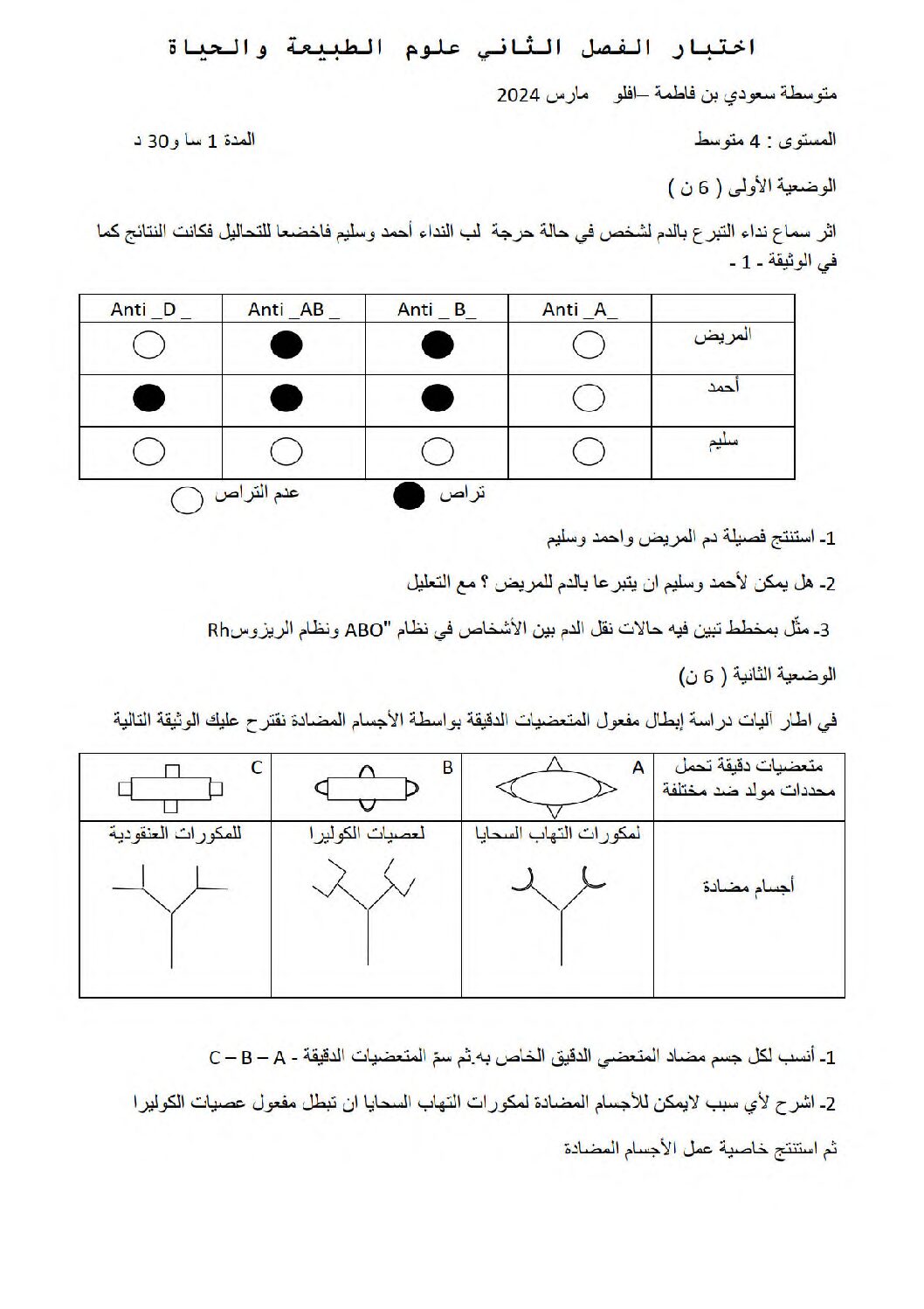 اختبار في العلوم الطبيعية الفصل الثاني السنة الرابعة متوسط رقم 69 مع التصحيح