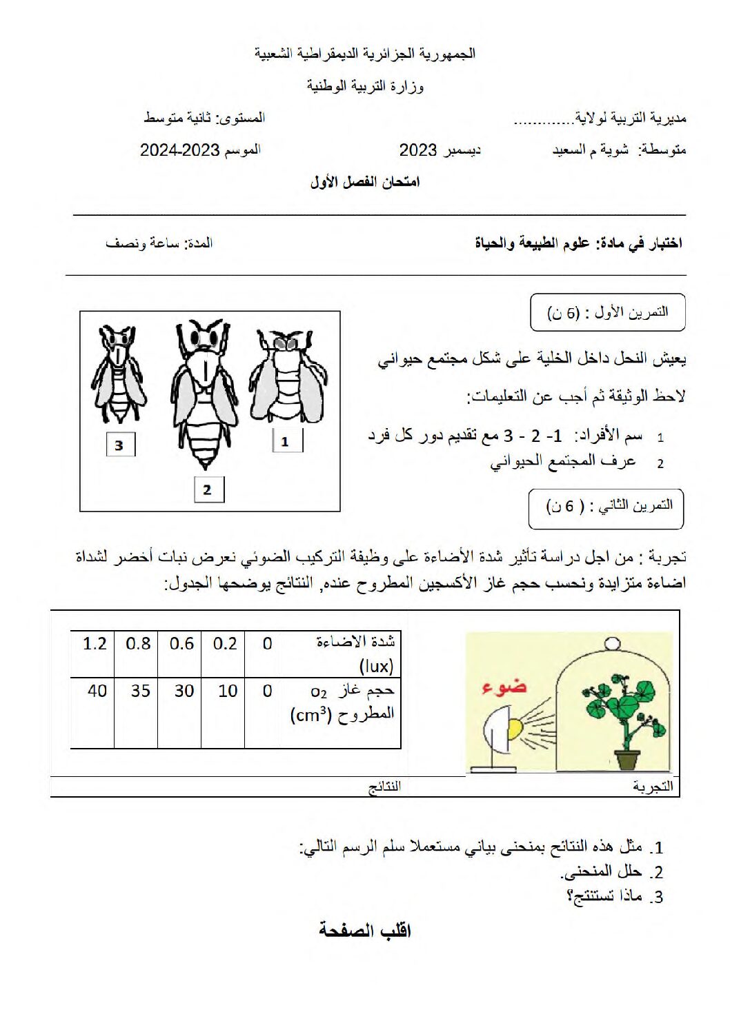 اختبار في العلوم الطبيعية الفصل الأول السنة الثانية متوسط رقم 54