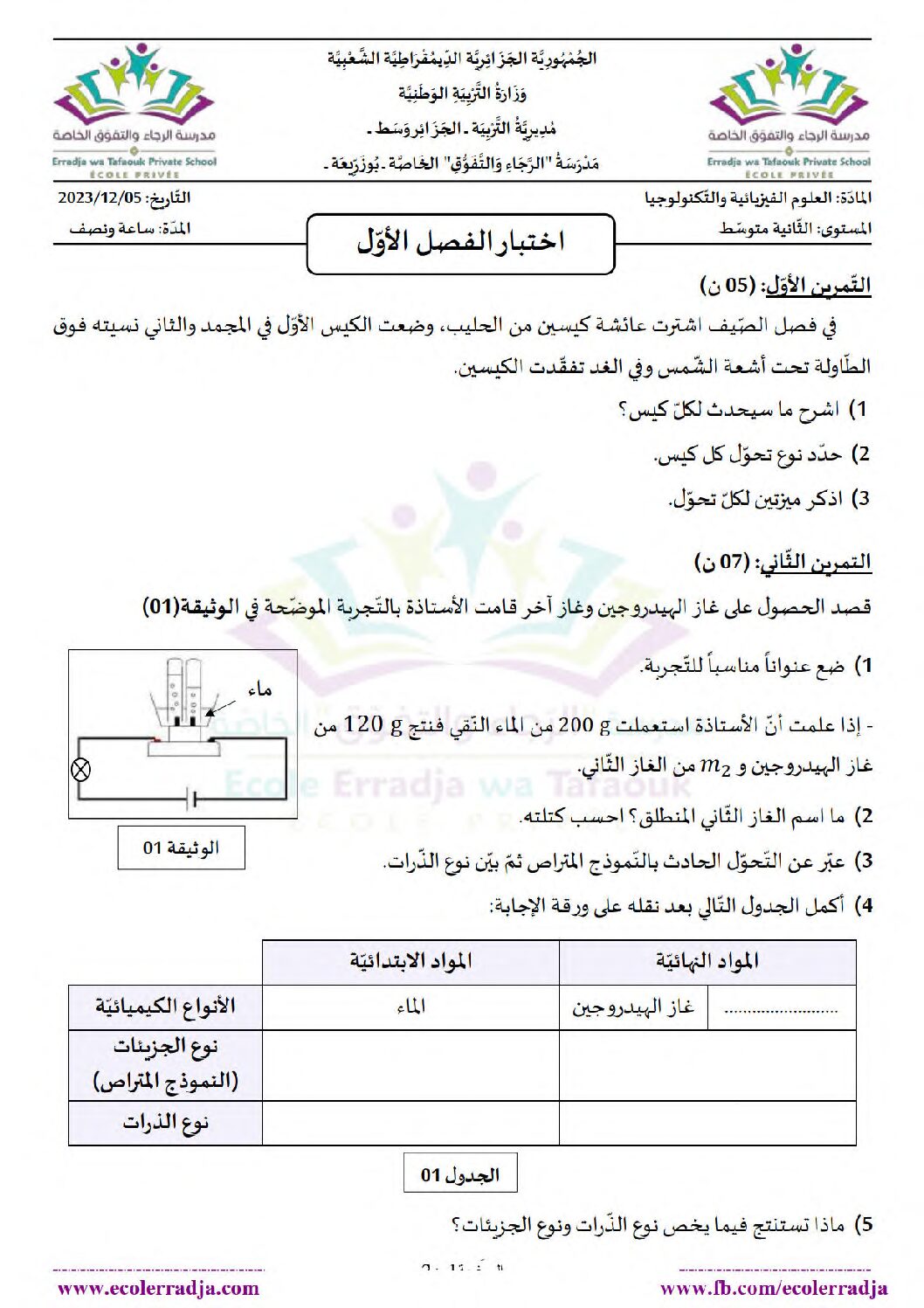اختبار في العلوم الفيزيائية الفصل الأول السنة الثانية متوسط رقم 80