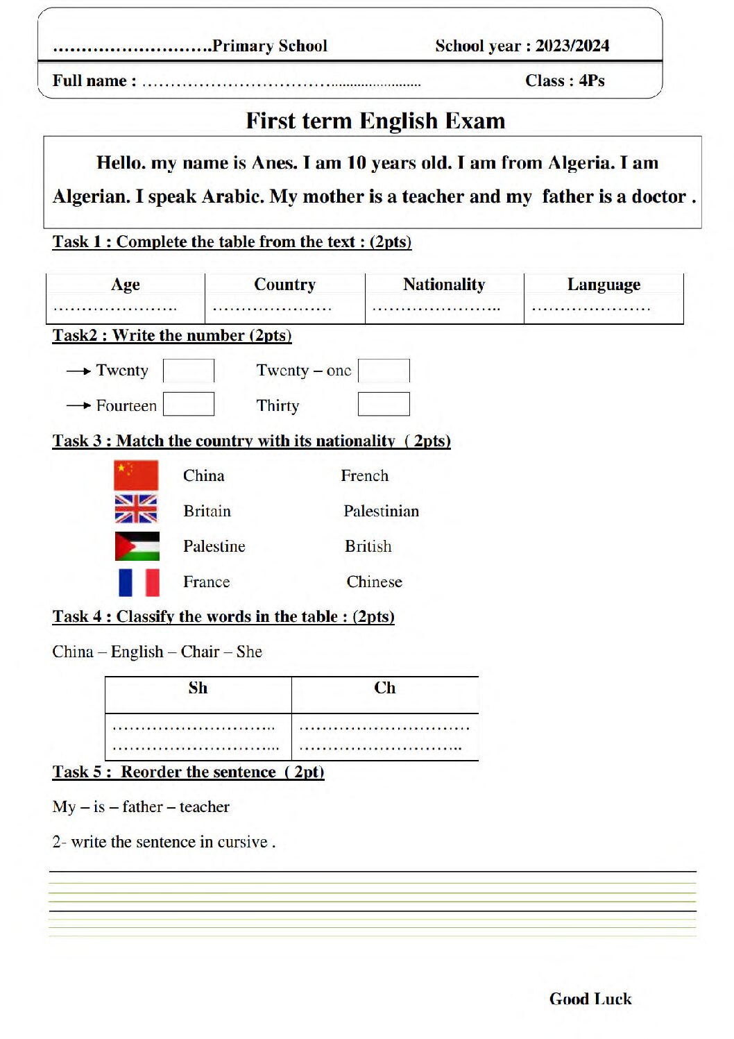 إختبار الفصل الأول في اللغة الإنجليزية السنة الرابعة ابتدائي رقم 1