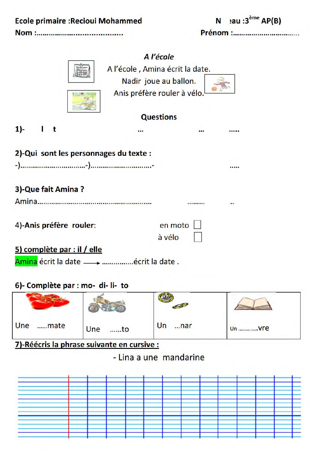 إختبار الفصل الأول في اللغة الفرنسية السنة الثالثة ابتدائي رقم 101