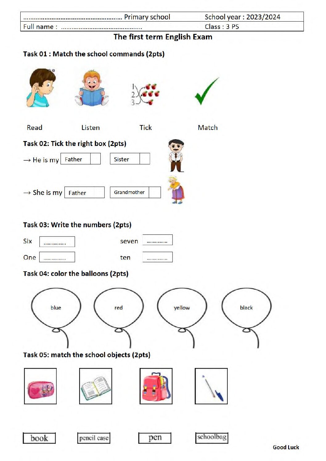 إختبار الفصل الأول في اللغة الإنجليزية السنة الثالثة ابتدائي رقم 12