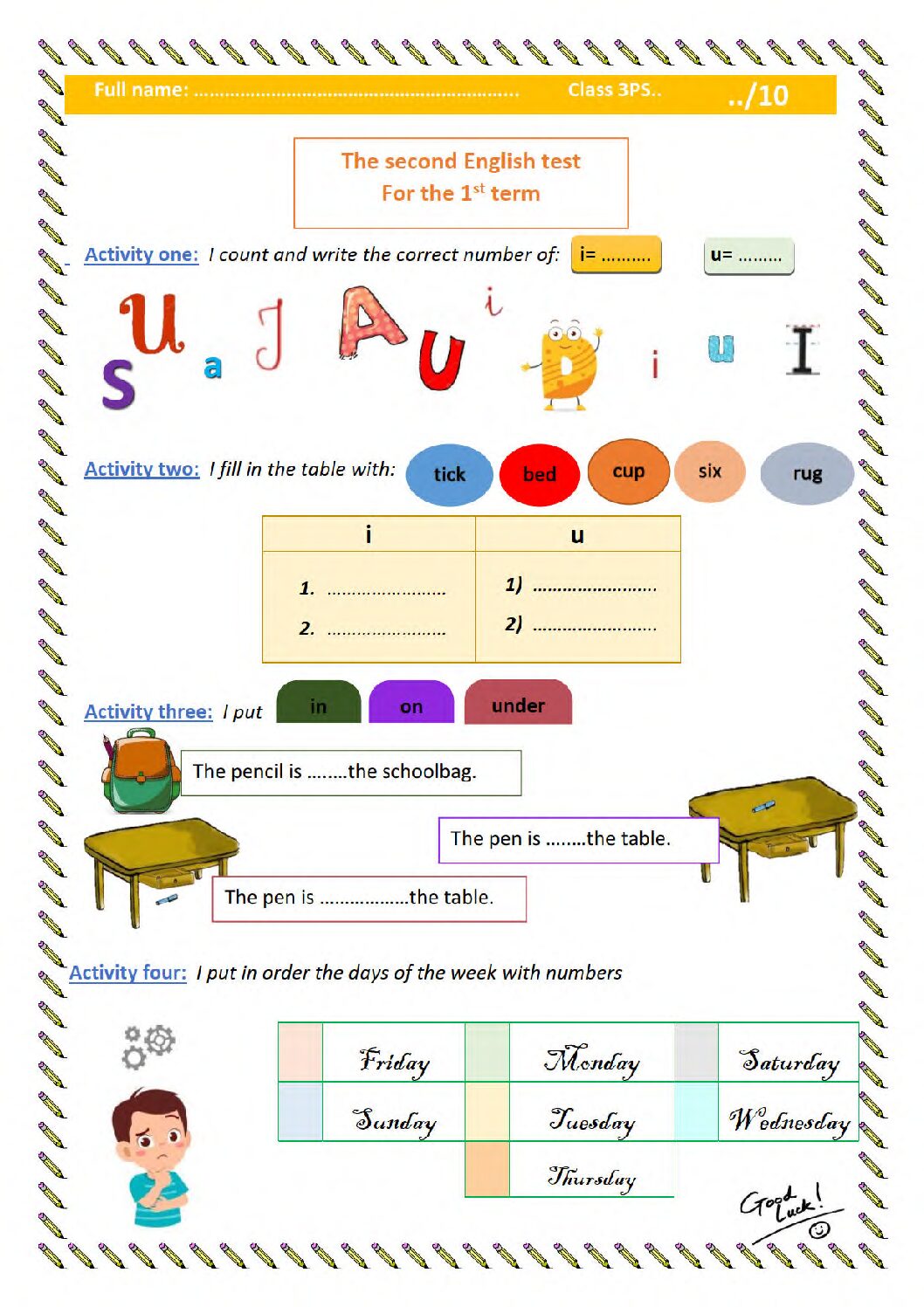 إختبار الفصل الأول في اللغة الإنجليزية السنة الثالثة ابتدائي رقم 15