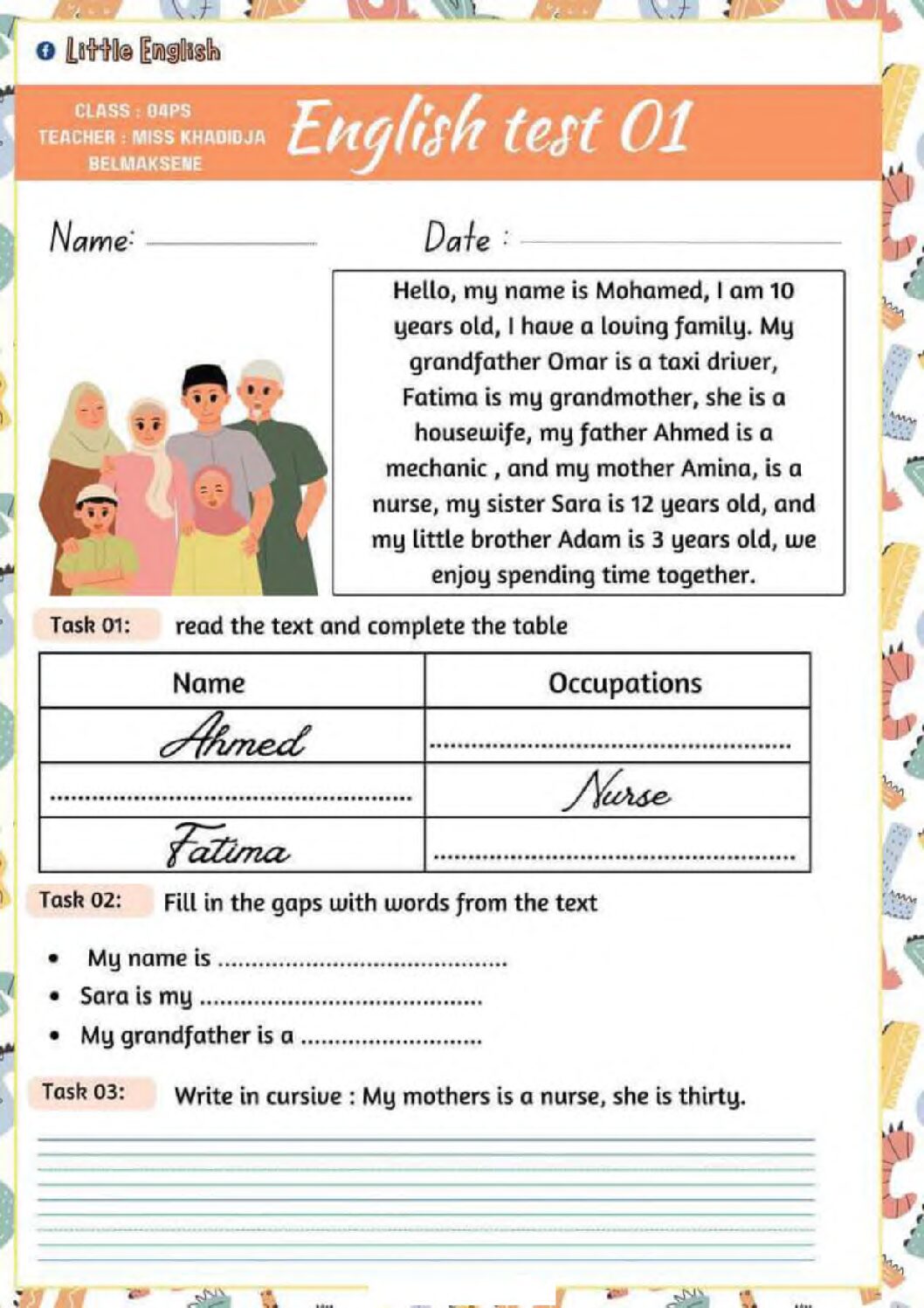 إختبار الفصل الأول في اللغة الإنجليزية السنة الرابعة ابتدائي رقم 2