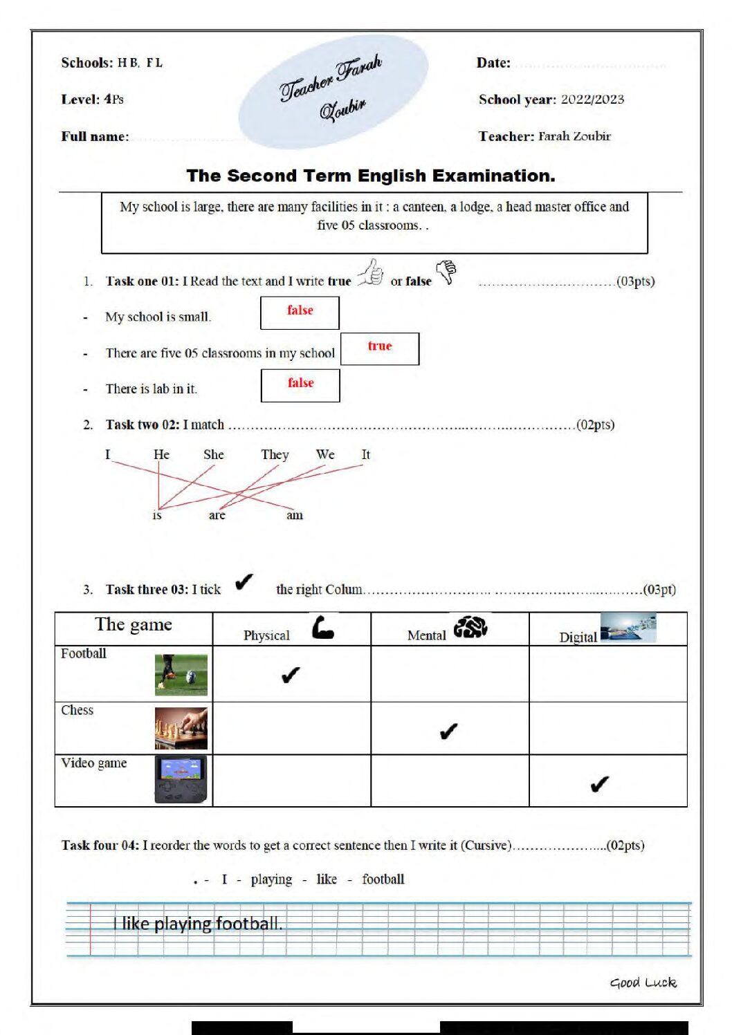 إختبار الفصل الثاني في اللغة الإنجليزية السنة الرابعة ابتدائي رقم 2