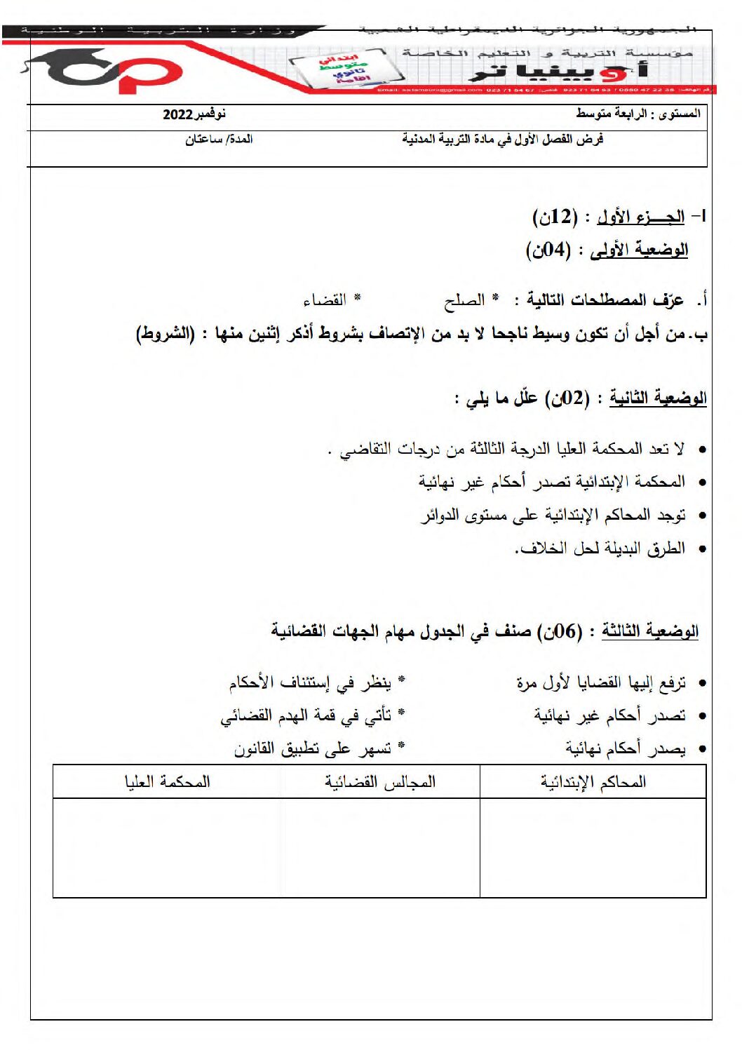فرض في التربية المدنية الفصل الأول السنة الرابعة متوسط رقم 28