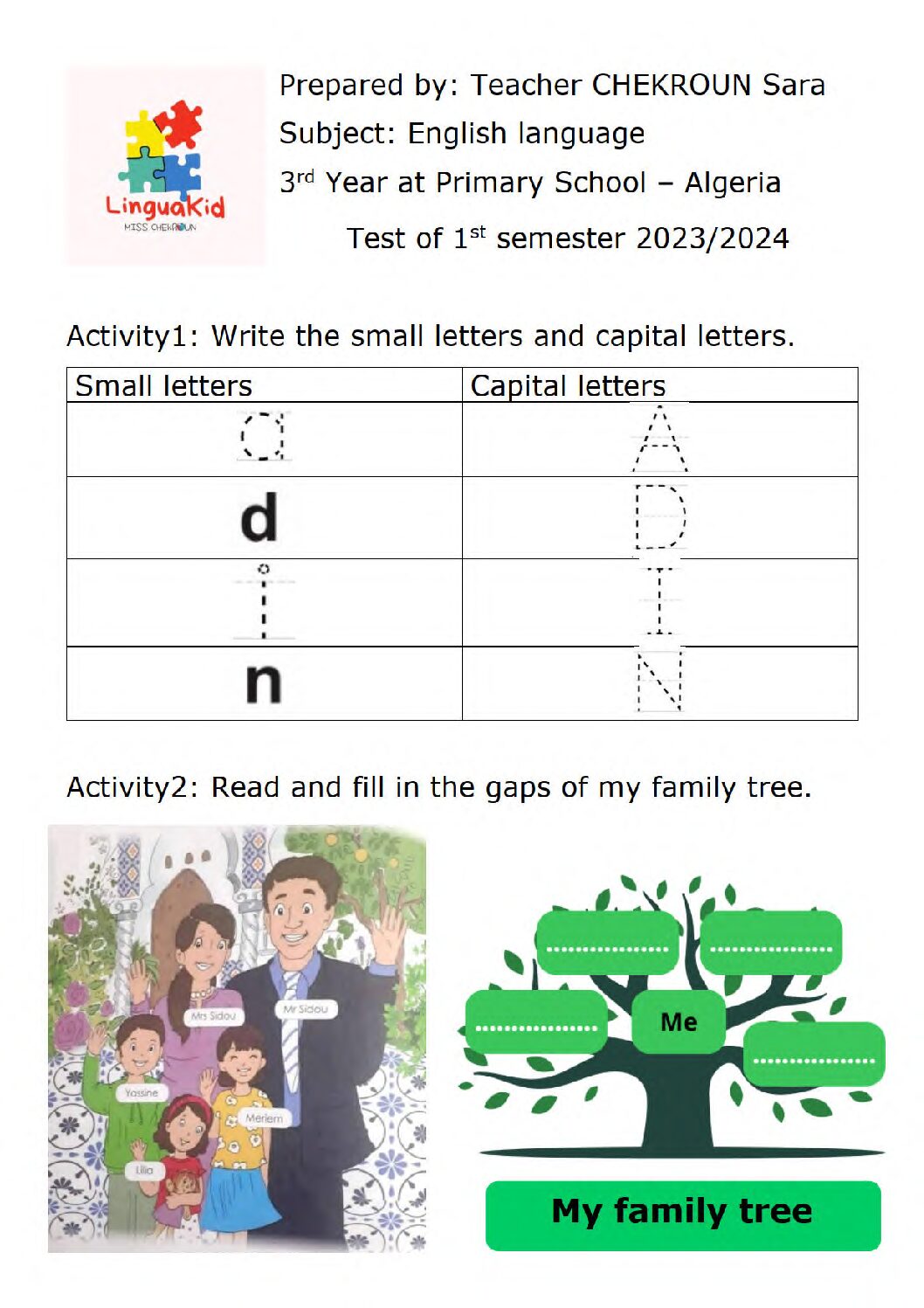 إختبار الفصل الأول في اللغة الإنجليزية السنة الثالثة ابتدائي رقم 30