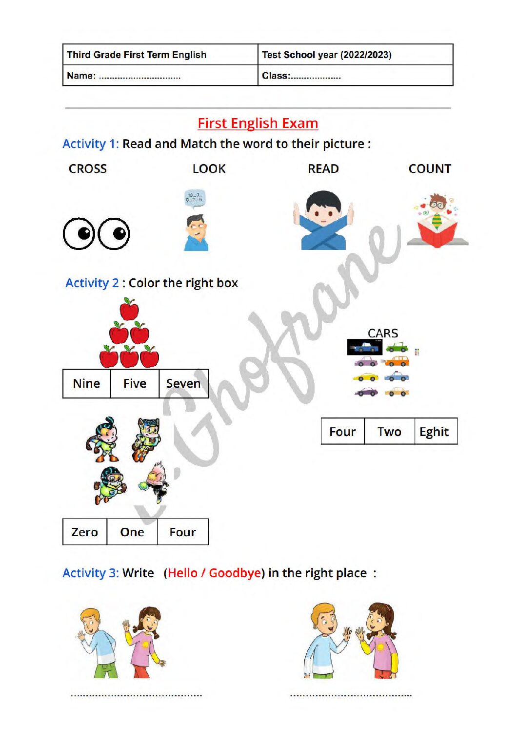 إختبار الفصل الأول في اللغة الإنجليزية السنة الثالثة ابتدائي رقم 35
