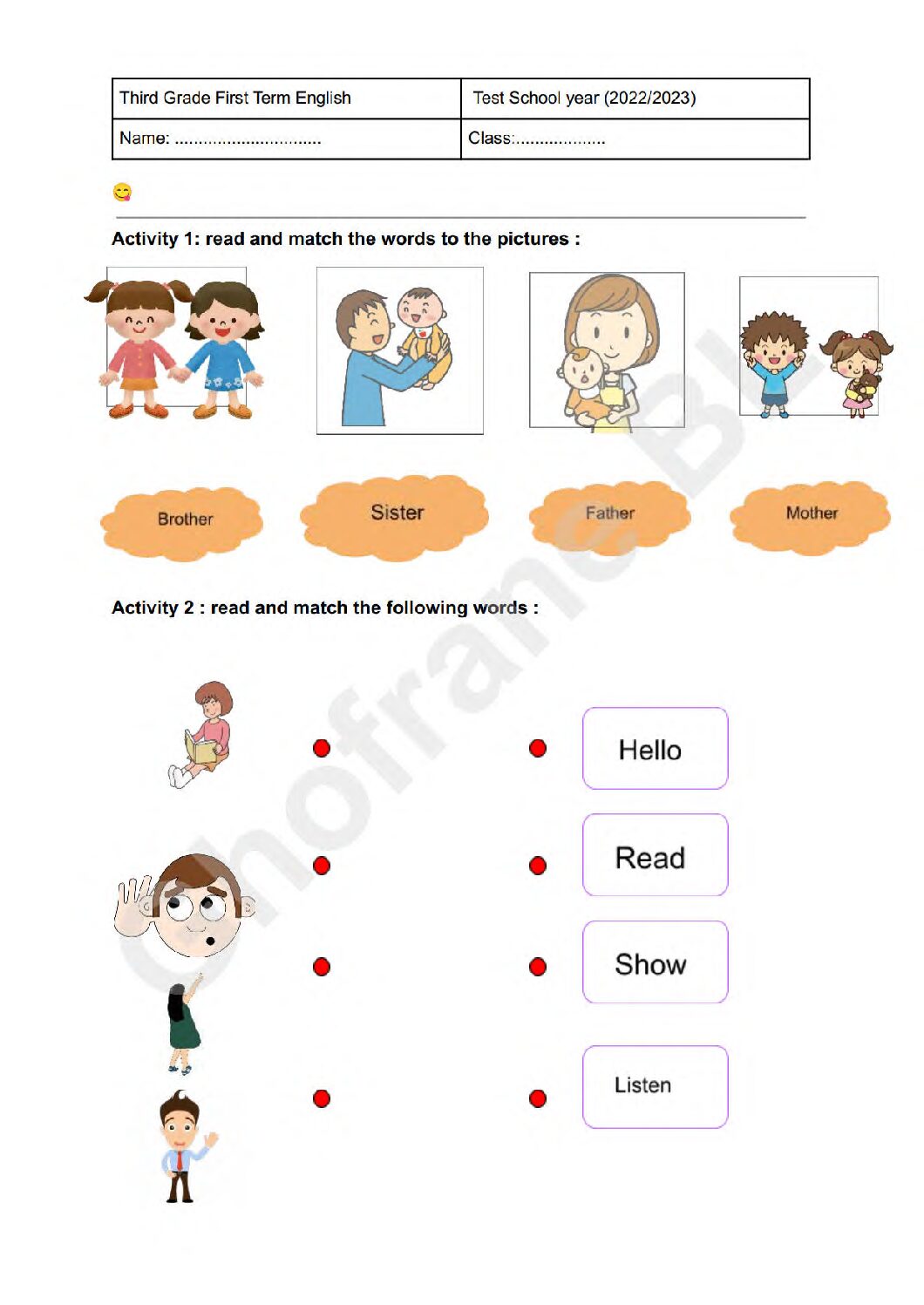 إختبار الفصل الأول في اللغة الإنجليزية السنة الثالثة ابتدائي رقم 37
