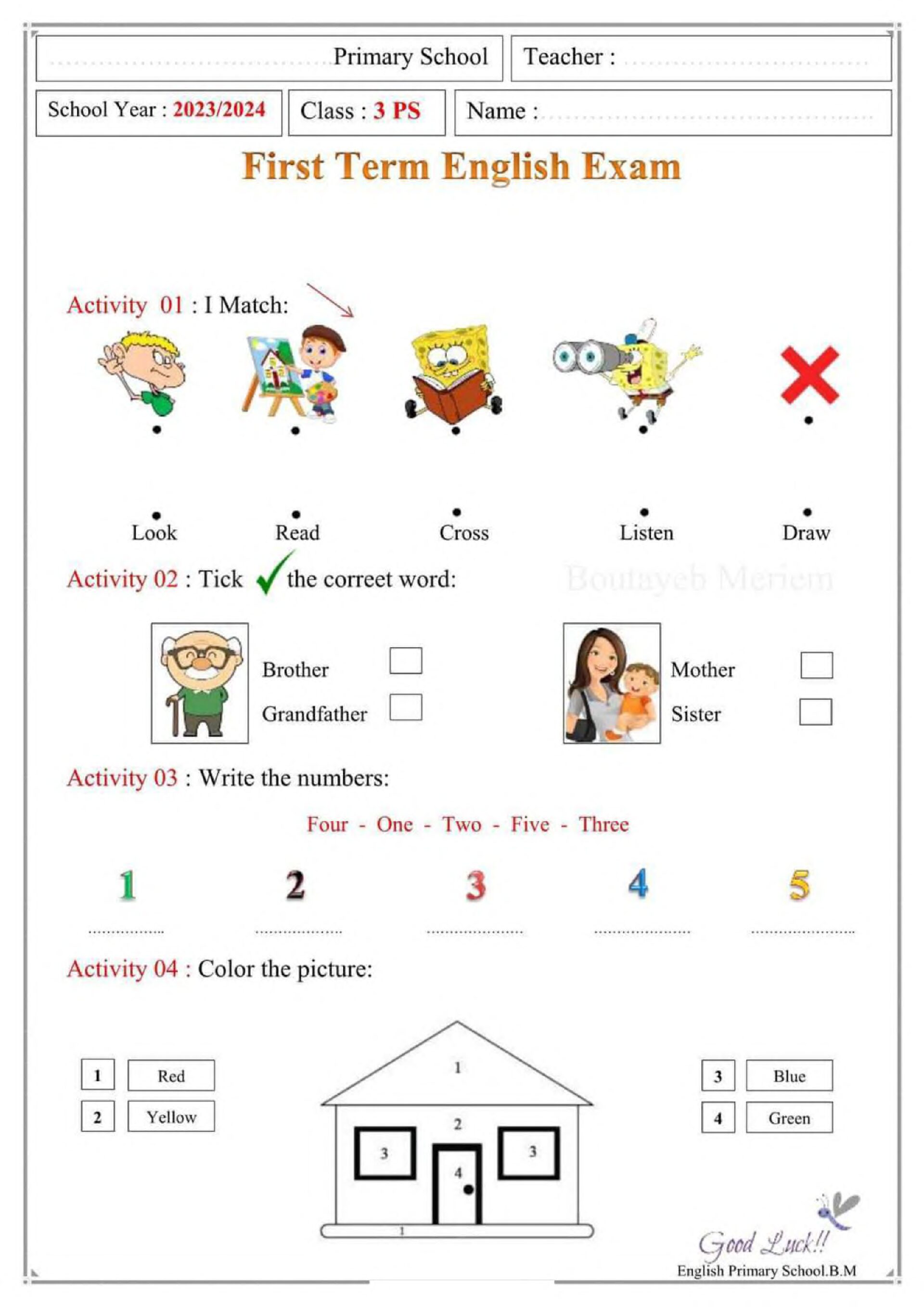 إختبار الفصل الأول في اللغة الإنجليزية السنة الثالثة ابتدائي رقم 4