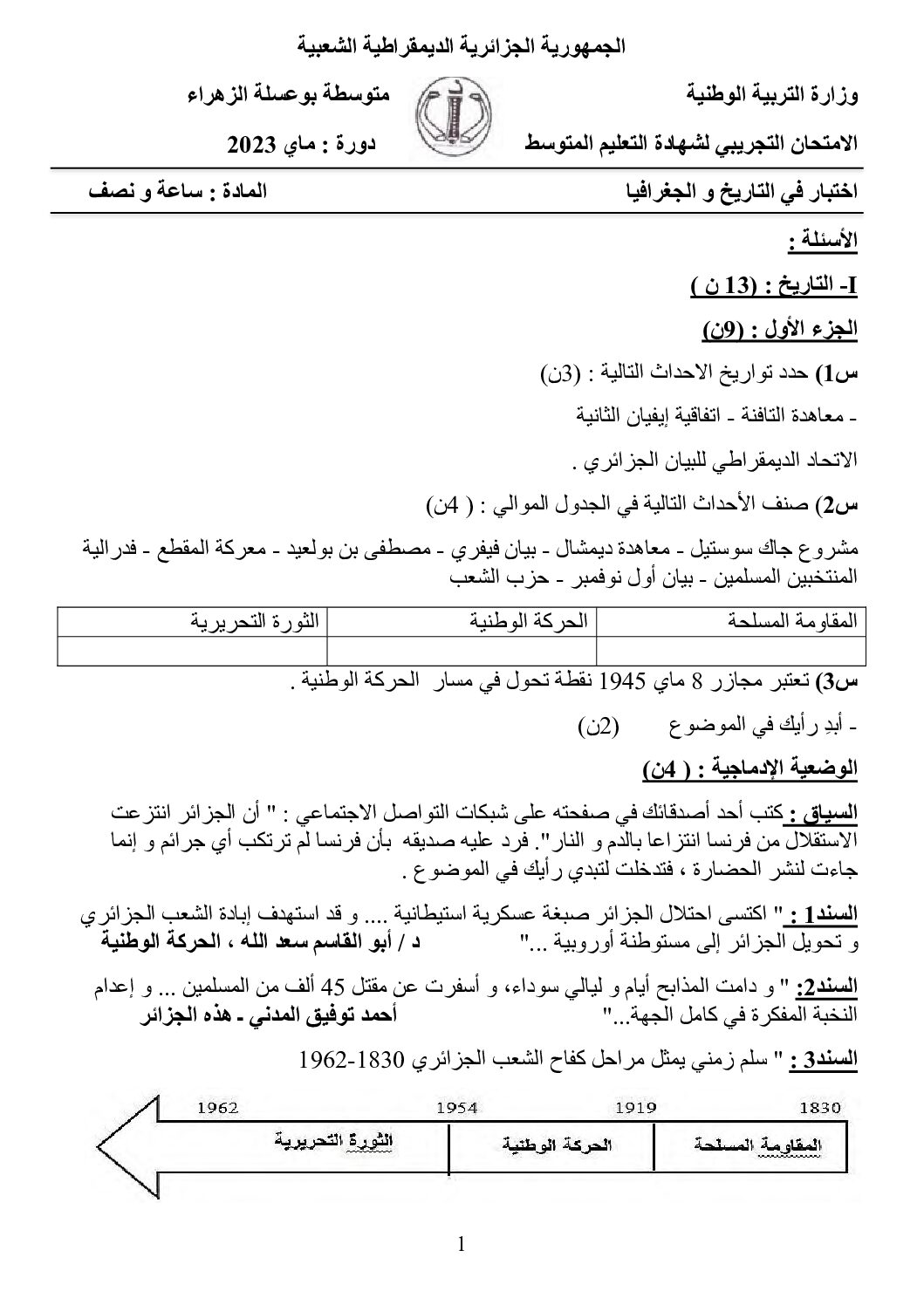 اختبار في التاريخ والجغرافيا الفصل الثالث السنة الرابعة متوسط رقم 42