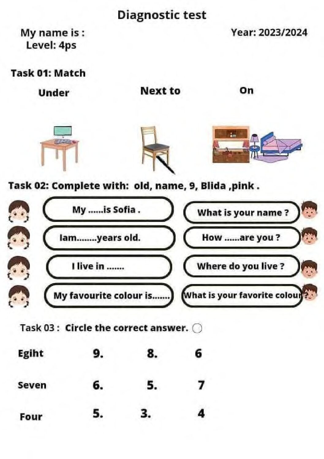 تقويم تشخيصي في اللغة الإنجليزية السنة الرابعة ابتدائي رقم 5