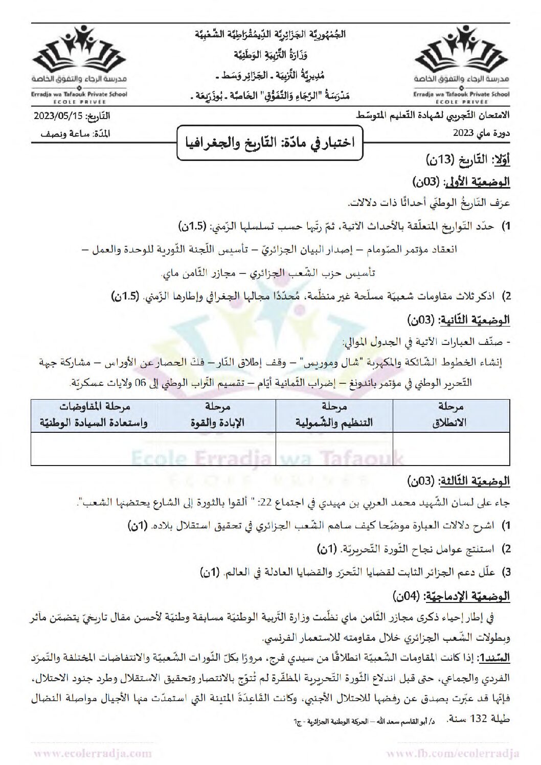 اختبار في التاريخ والجغرافيا الفصل الثالث السنة الرابعة متوسط رقم 60