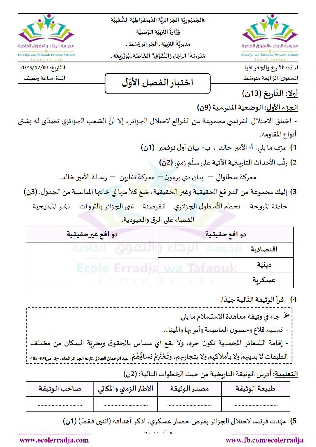 اختبار في التاريخ والجغرافيا الفصل الأول السنة الرابعة متوسط رقم 62